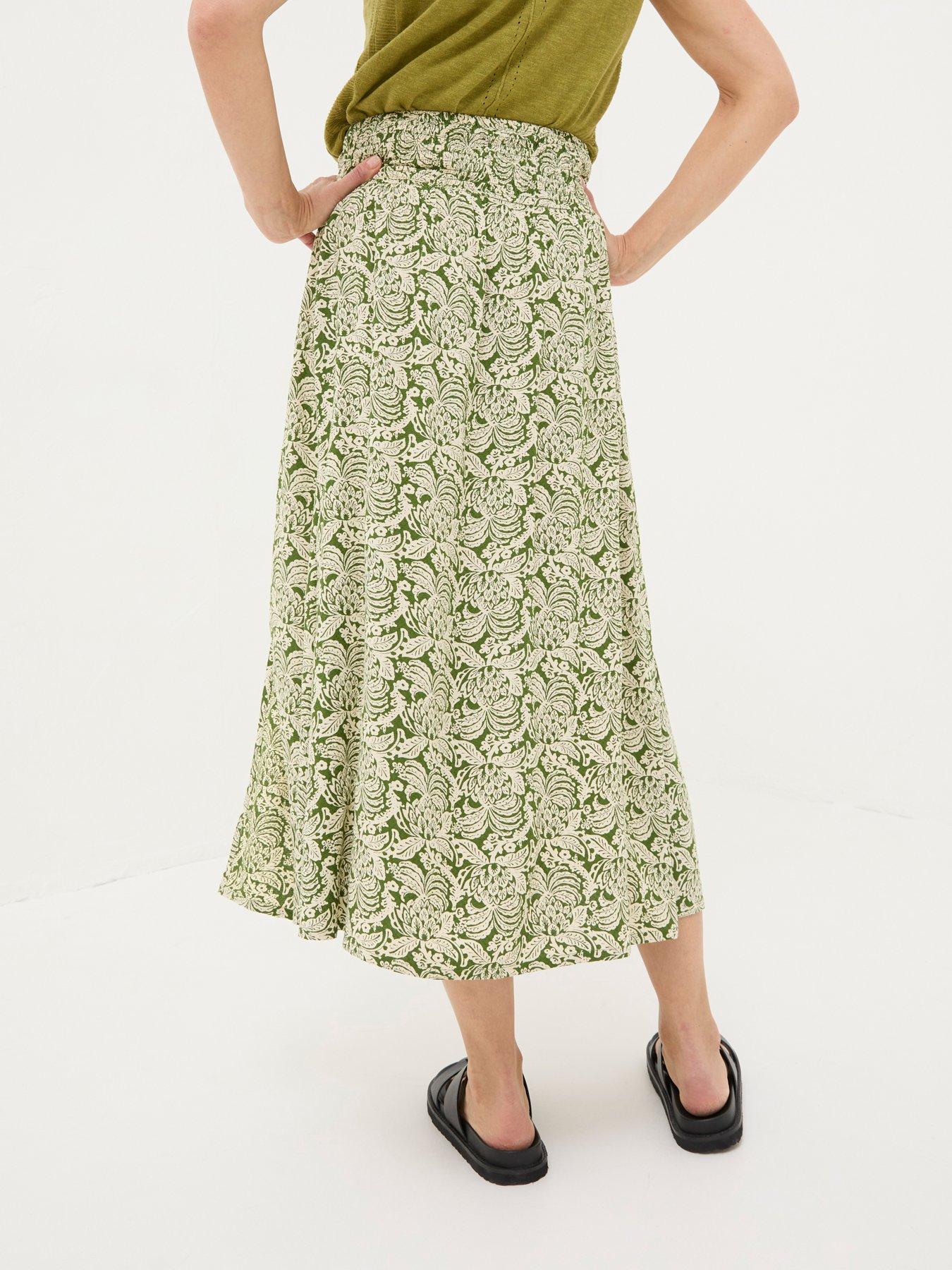 FatFace Sascha Damask Floral Midi Skirt - Green | Very.co.uk