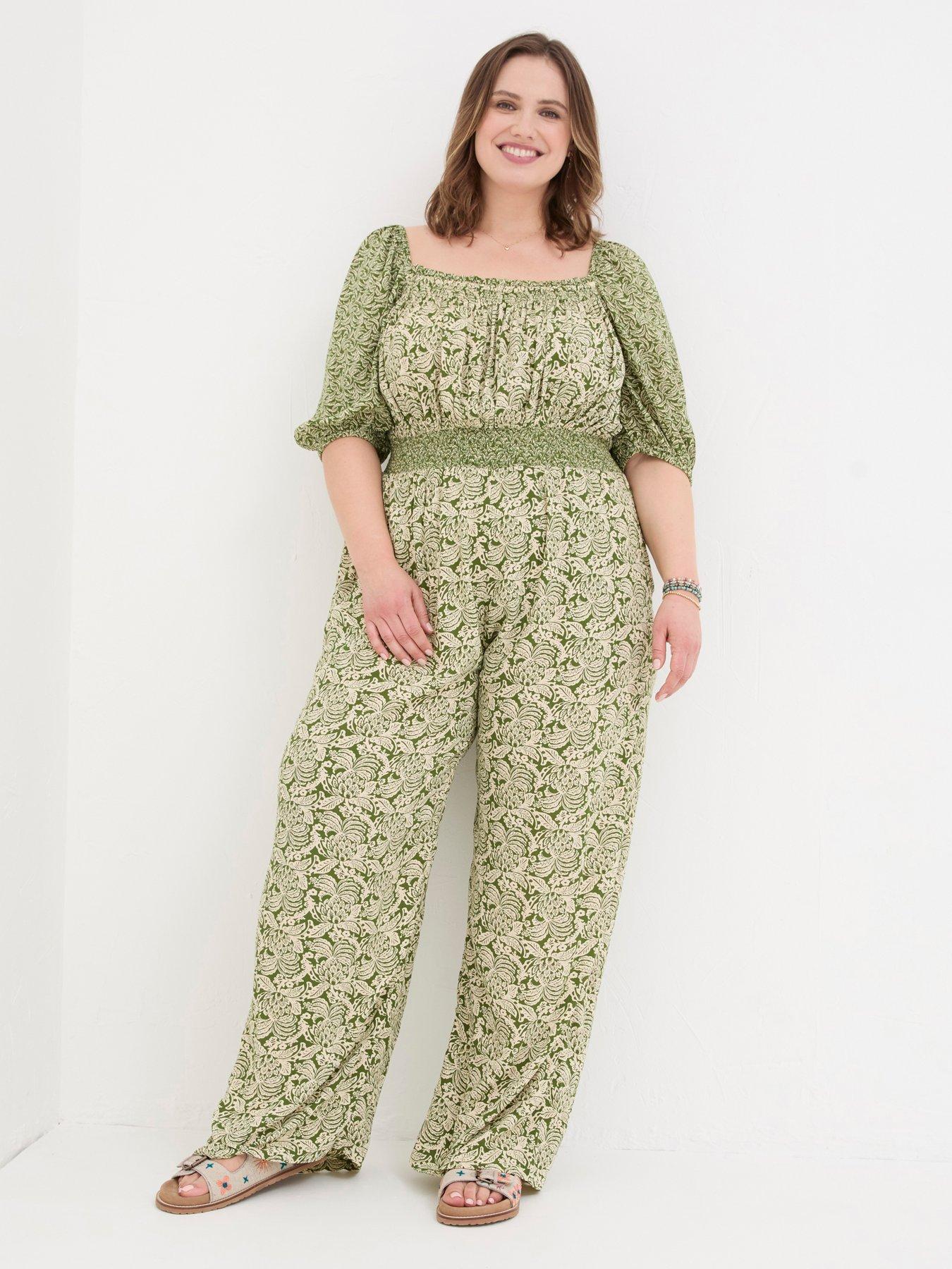 FatFace Eva Damask Square Neck Floral Jumpsuit - Green | Very.co.uk