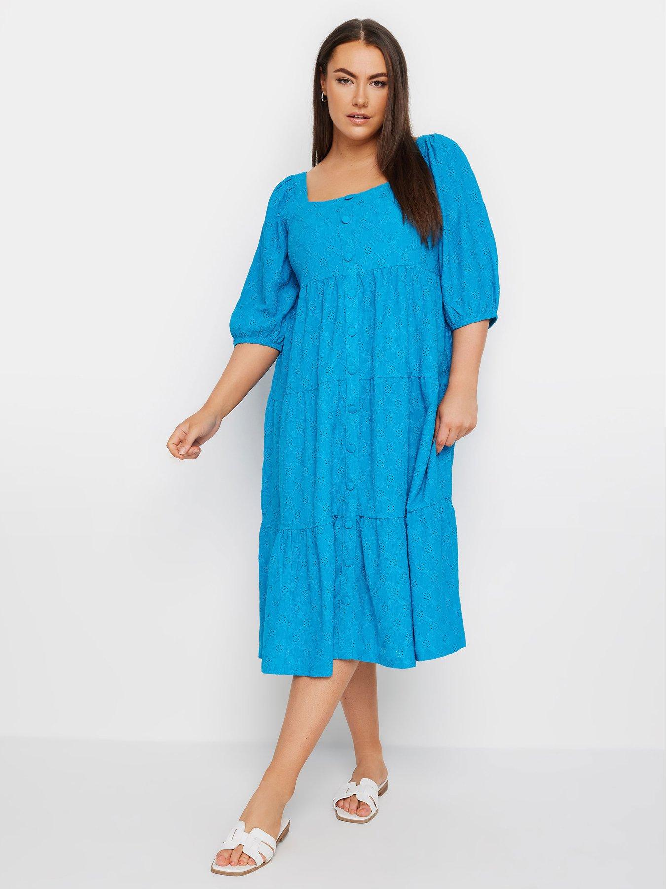 Yours Curve Anglaise Button Front Maxi Dress - Blue | Very.co.uk