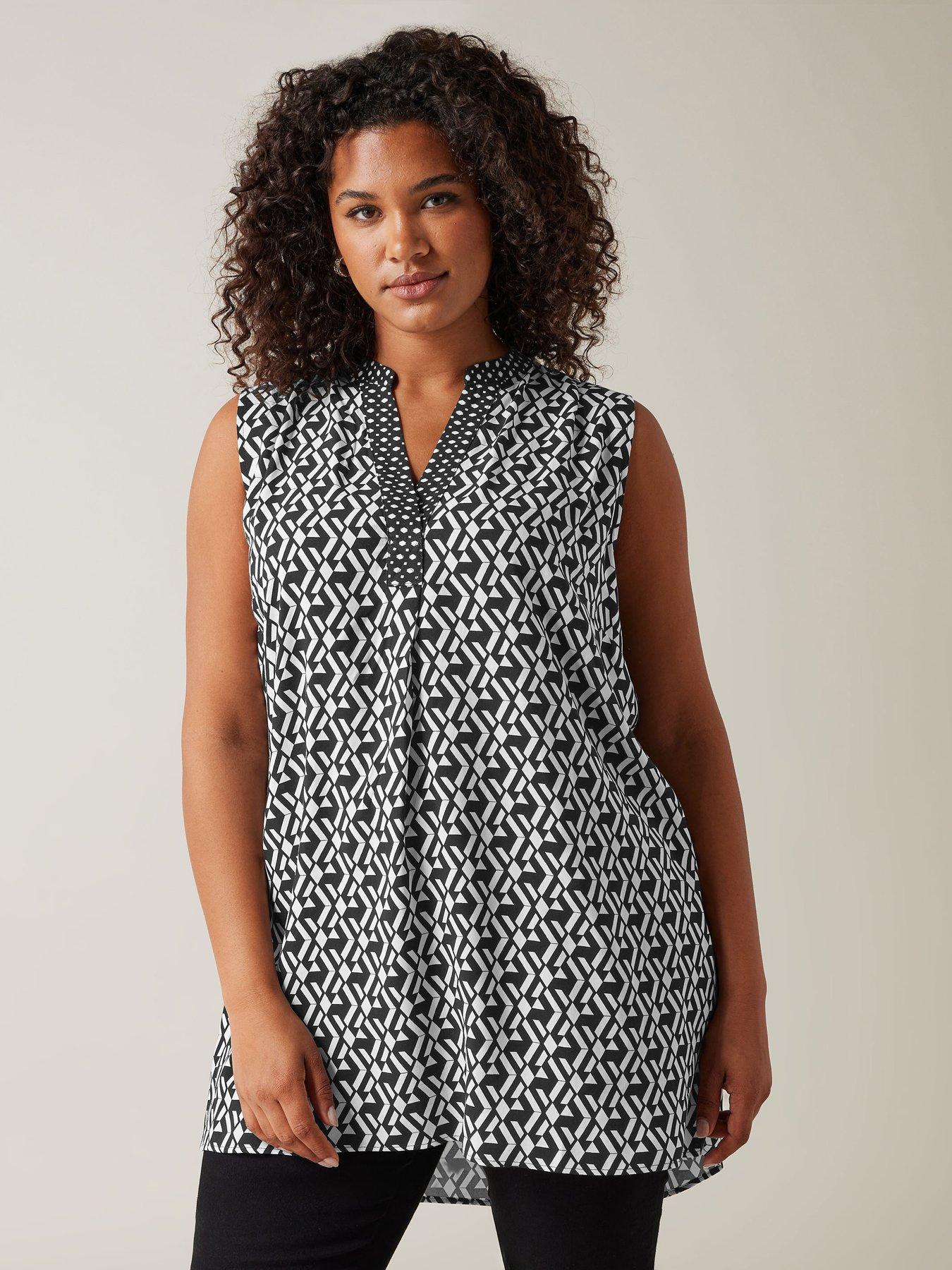 Image 1 of 4 of Evans Half Placket Sleeveless Tunic - Black/White