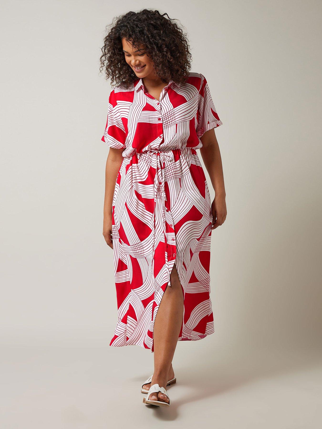 Image 3 of 4 of Evans Linear Print Shirt Dress - Red