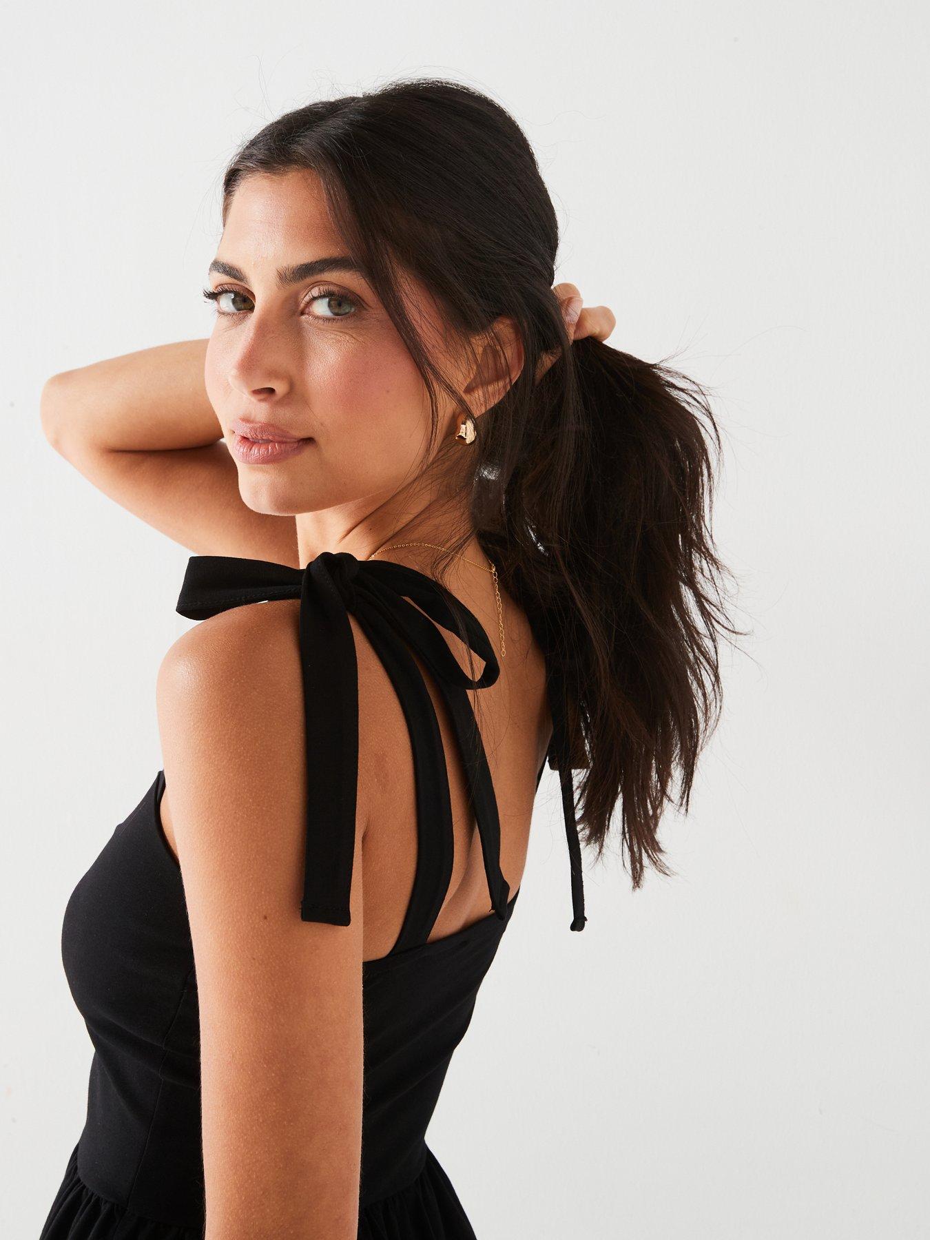Image 4 of 5 of V by Very Tie Shoulder Jersey Skater Dress - Black