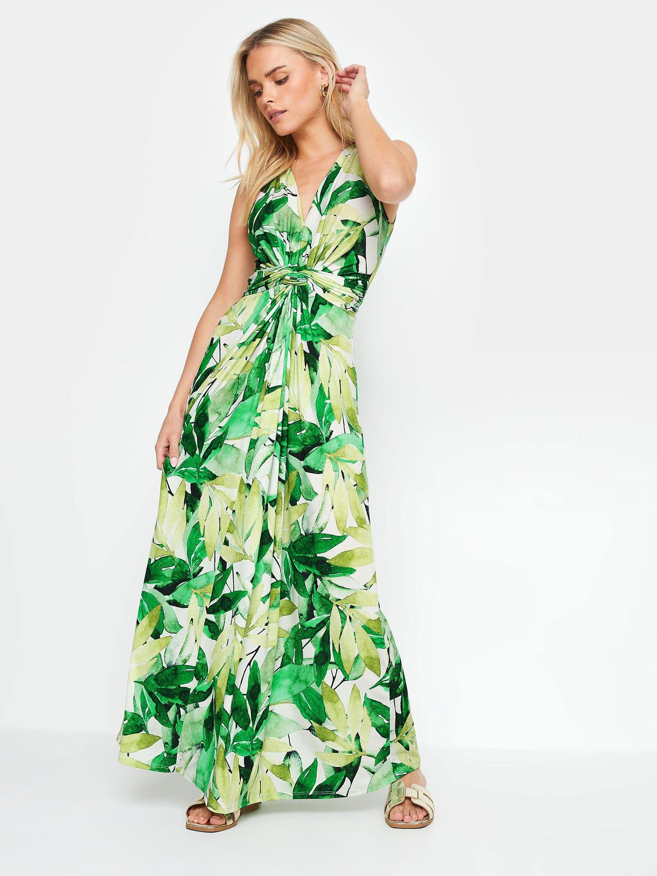 M&Co Petite Petite Green Tropical Print Knot Front Maxi Dress