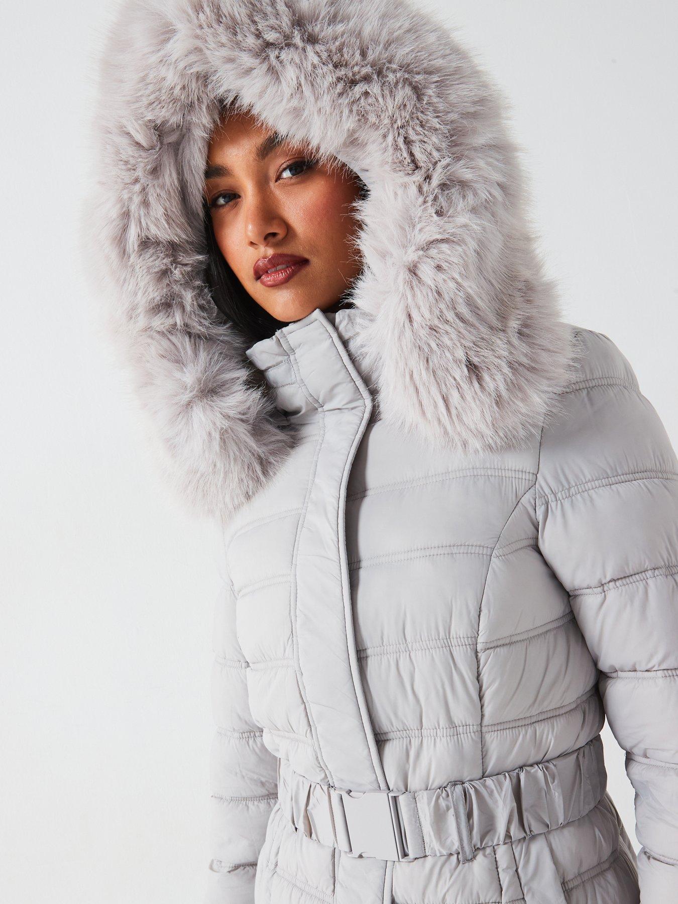 V by Very Padded Longline Hood Coat With Faux Fur Trim Grey