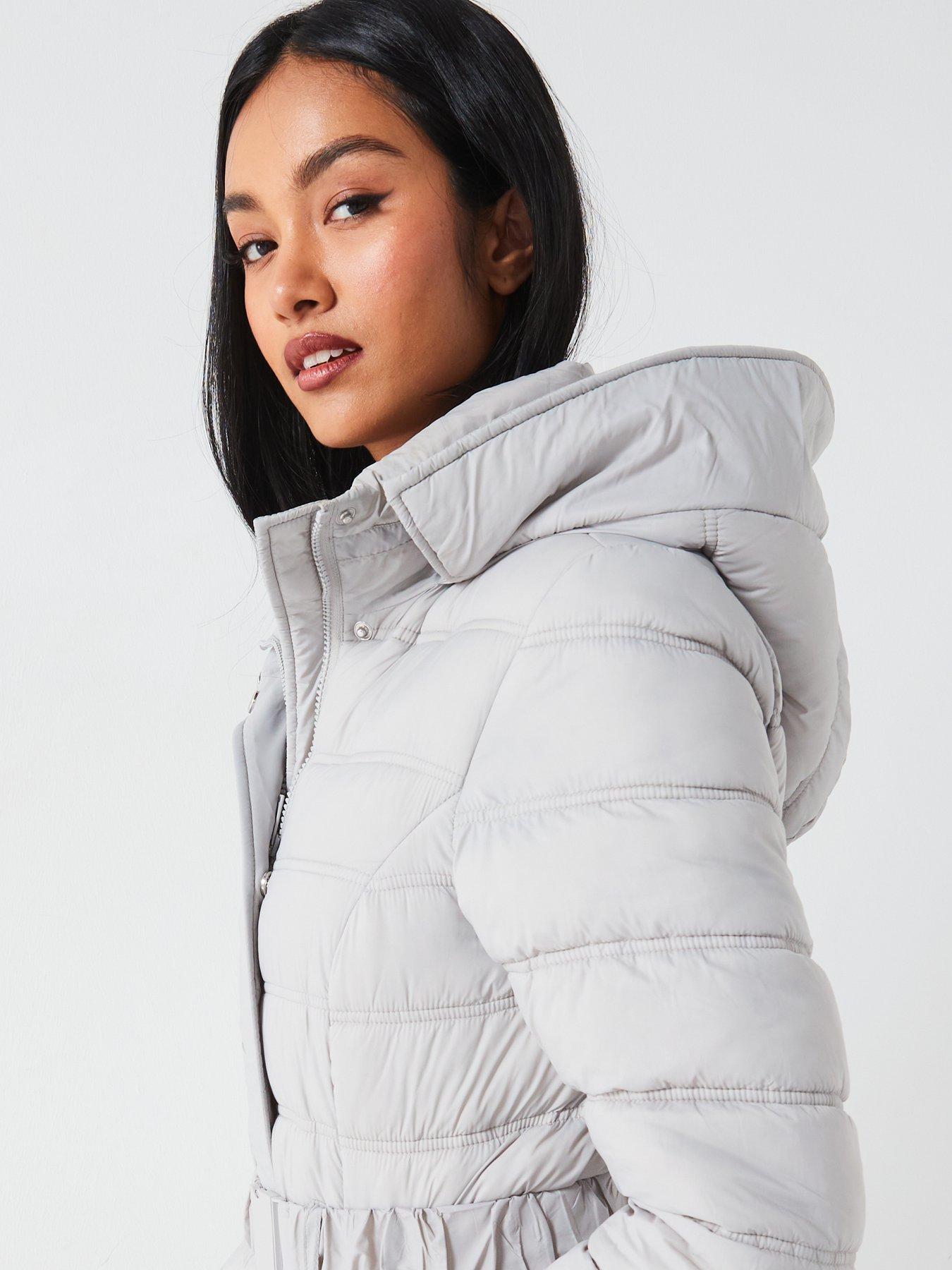 V by Very Padded Longline Hood Coat With Faux Fur Trim Grey Very