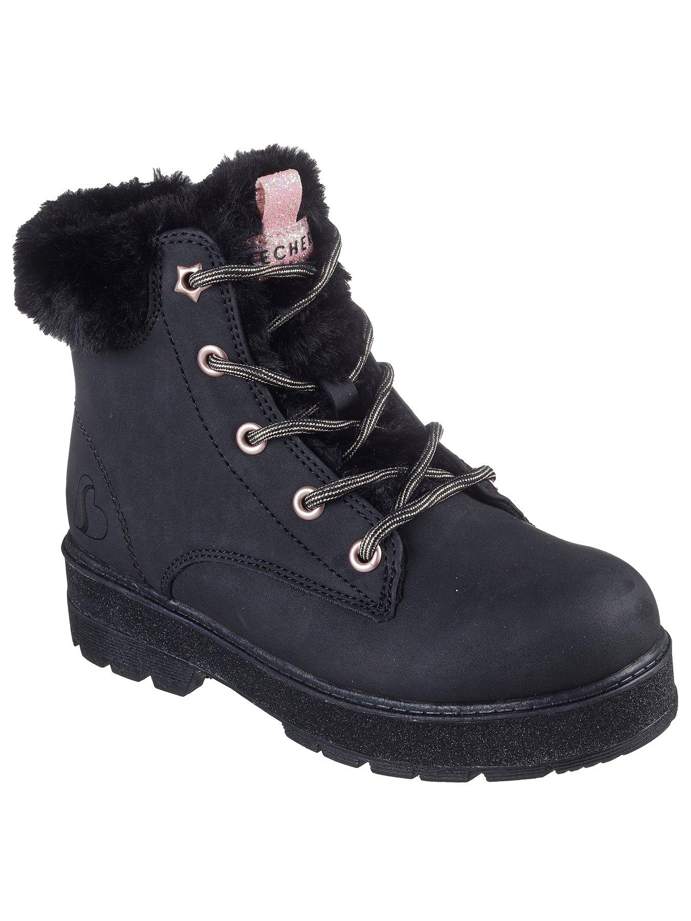 Skechers Girls Street Glitz Cozy Combat Lace Up Ankle Boot Very