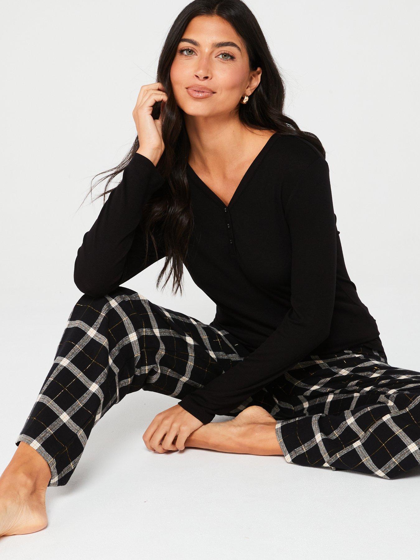 Henley Top With Check Woven Bottoms Pj Set Black