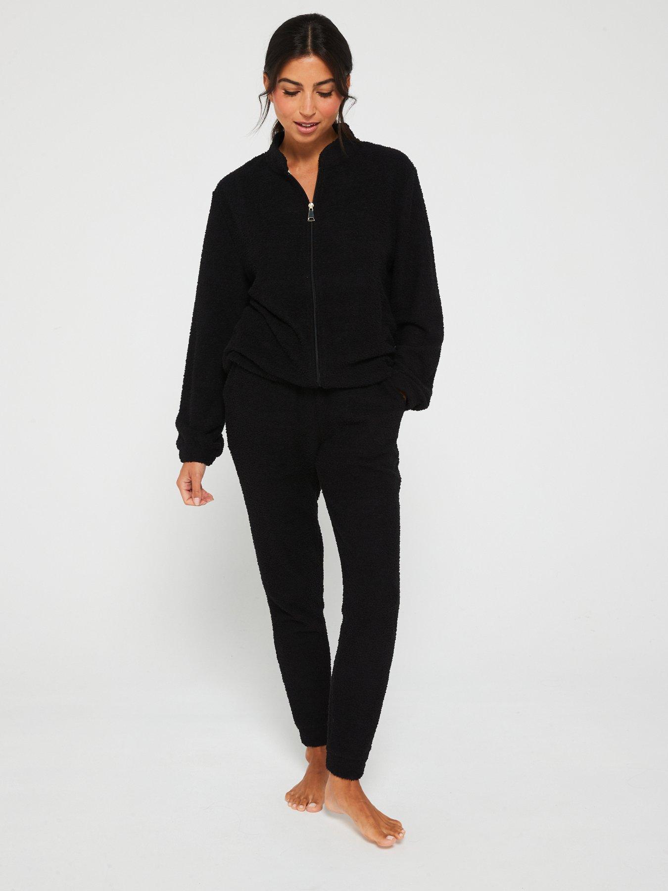 V by Very Zip Up Borg Bomber And Jogger Lounge Set Black Very