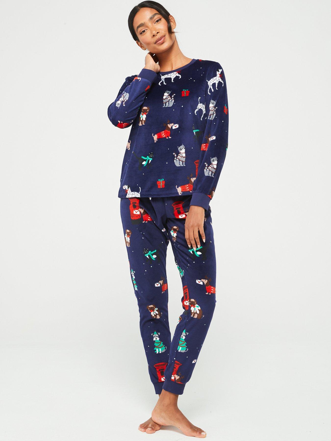 V by Very Womens Family Festive Pets Long Sleeve Top And Slim Jogger Christmas Pjs Navy Very