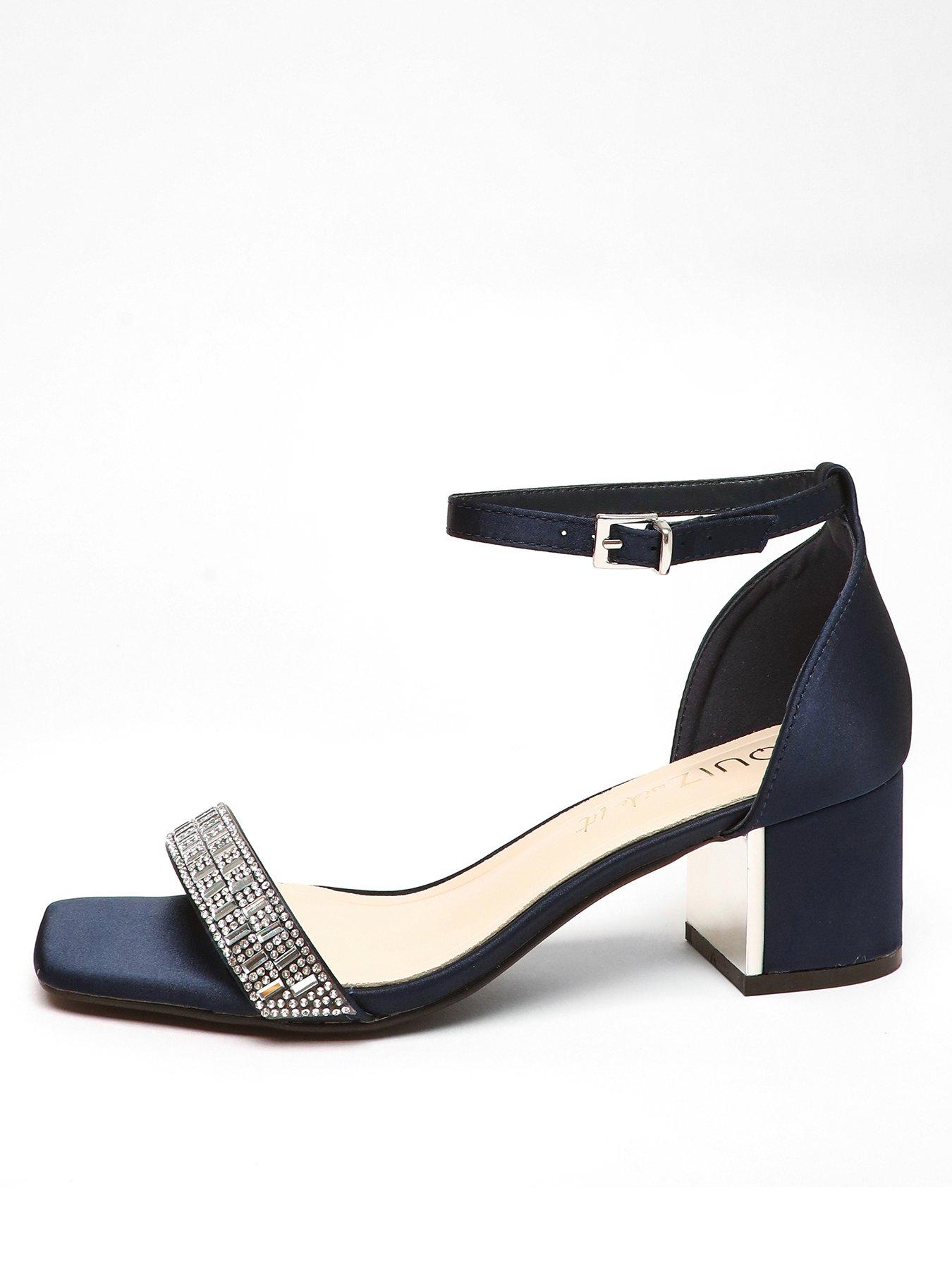 Quiz Wide Fit Navy Satin Diamante Low Block Heeled Sandals | Very.co.uk