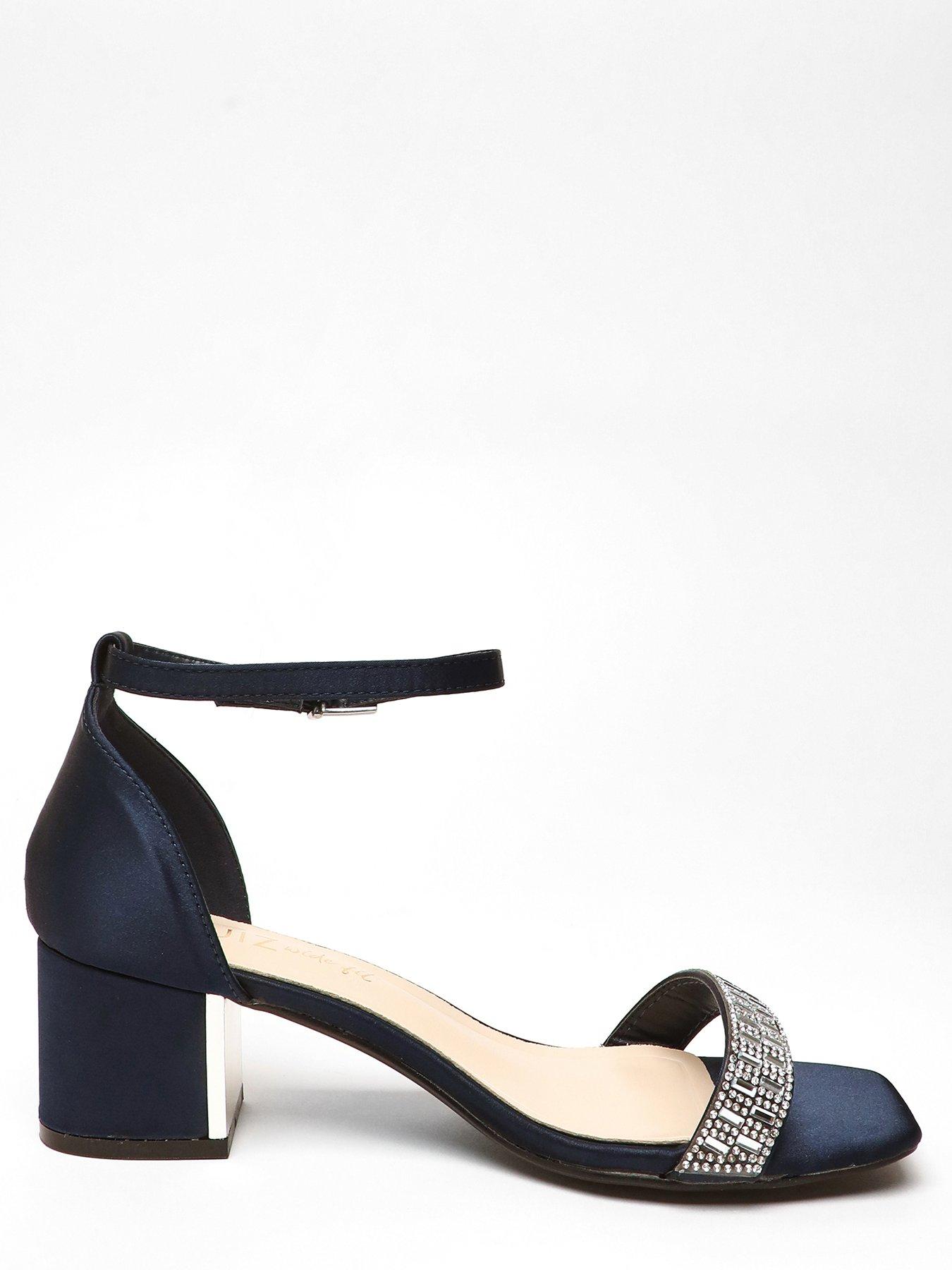 Quiz Wide Fit Navy Satin Diamante Low Block Heeled Sandals | Very.co.uk