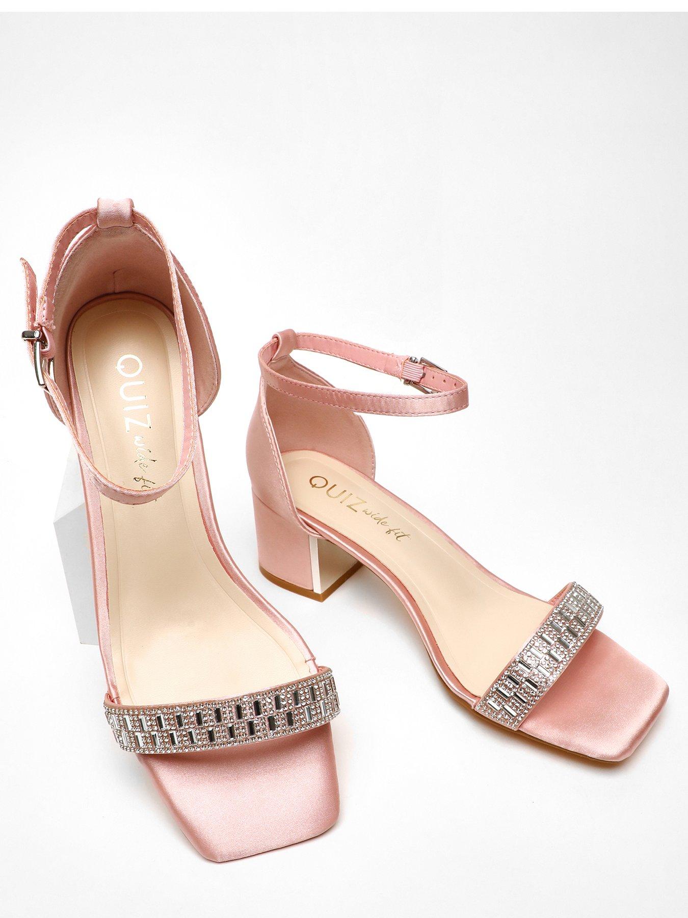 Quiz Wide Fit Pink Satin Diamante Low Block Heeled Sandals