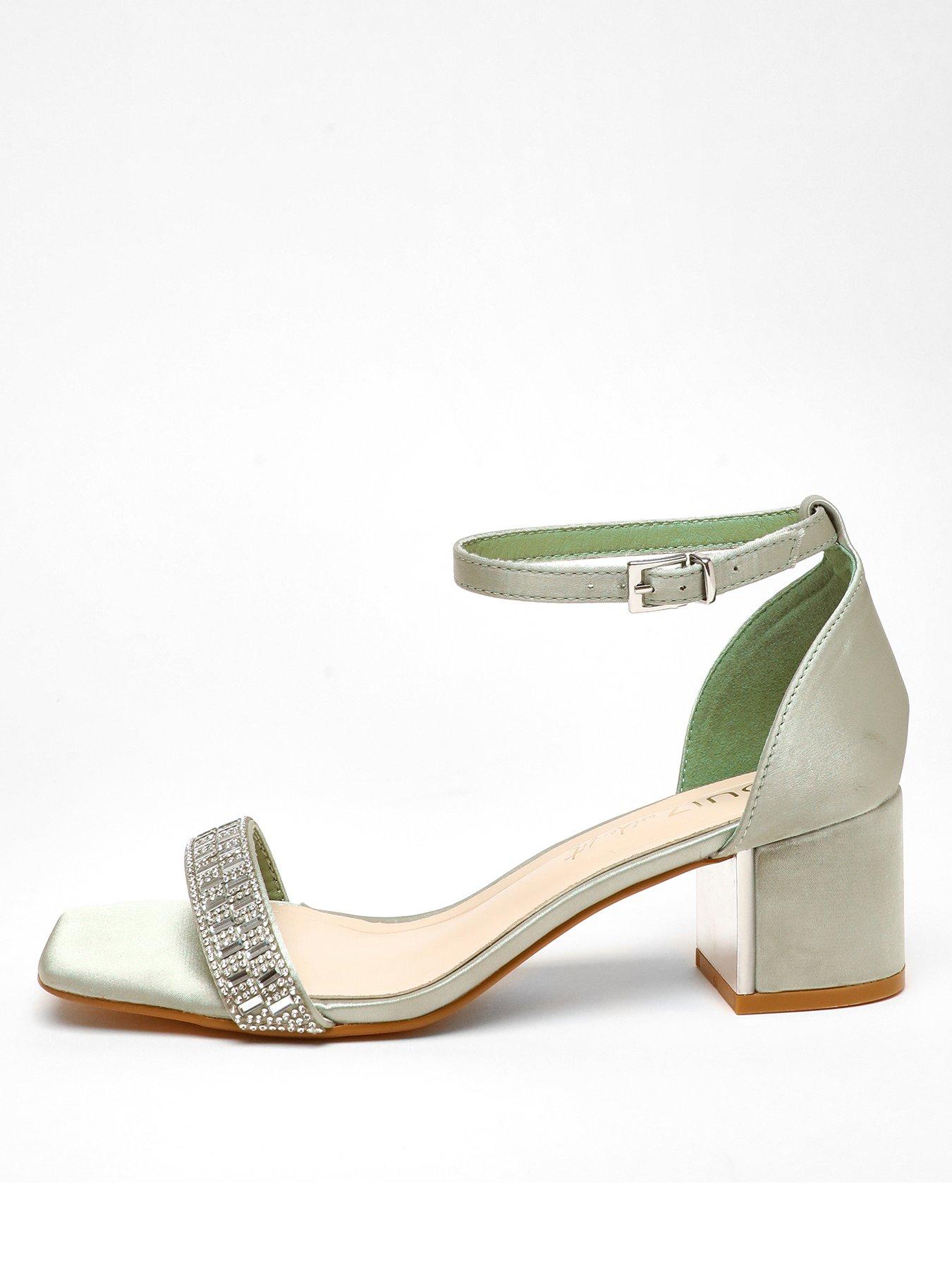 Quiz Wide Fit Sage Satin Diamante Low Block Heeled Sandals | Very.co.uk