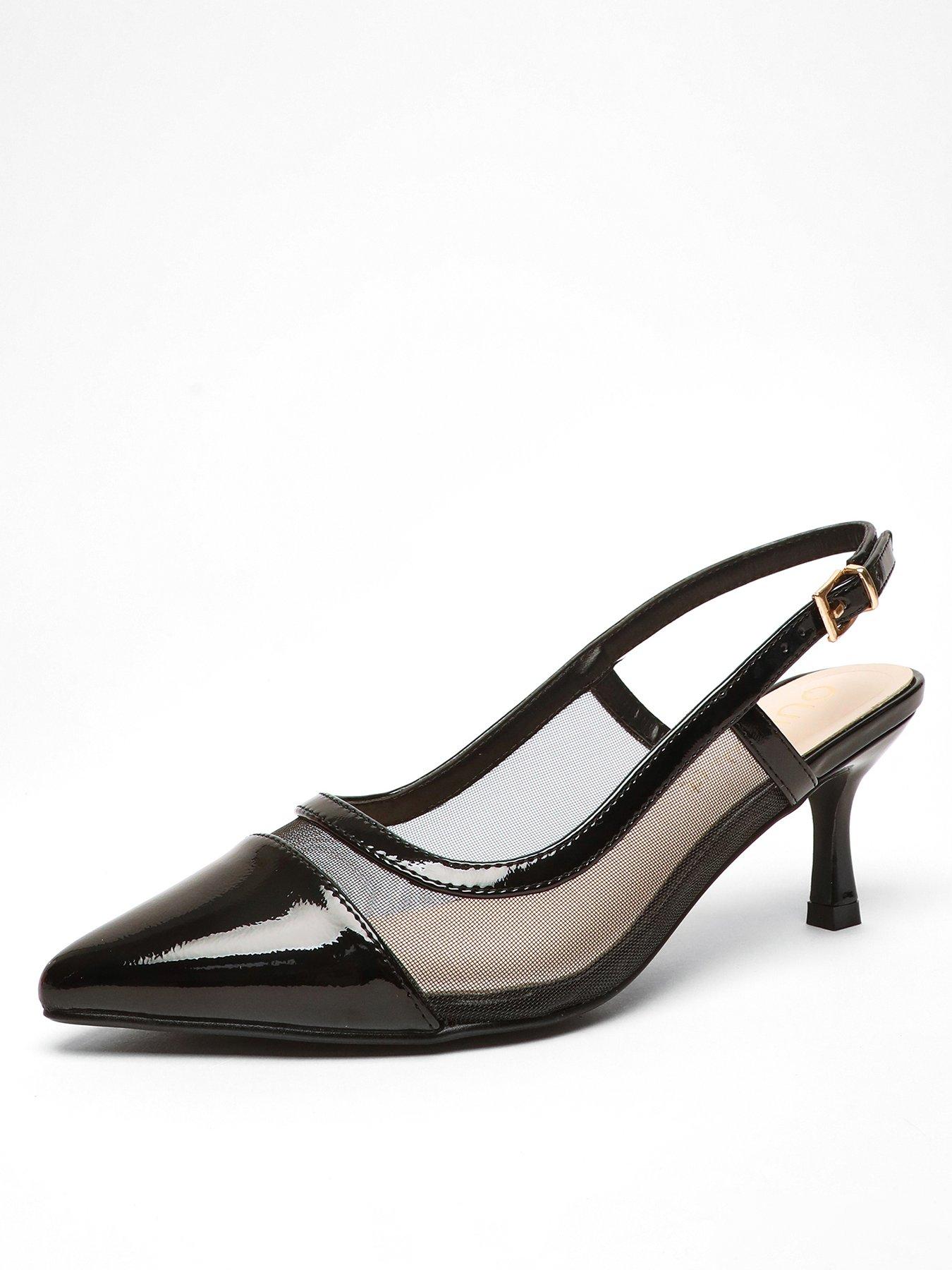 Quiz Wide Fit Black Faux Leather Mesh Sling Back Heels Very