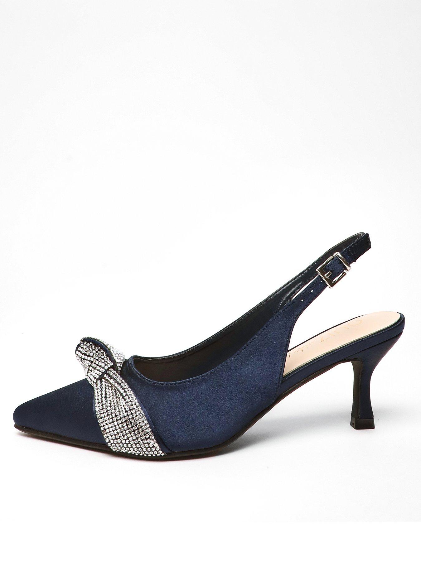 Quiz Wide Fit Navy Diamante Knot Sling Back Low Heels | Very.co.uk