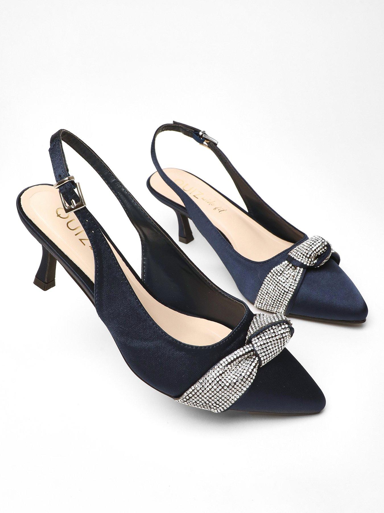 Quiz Wide Fit Navy Diamante Knot Sling Back Low Heels Very