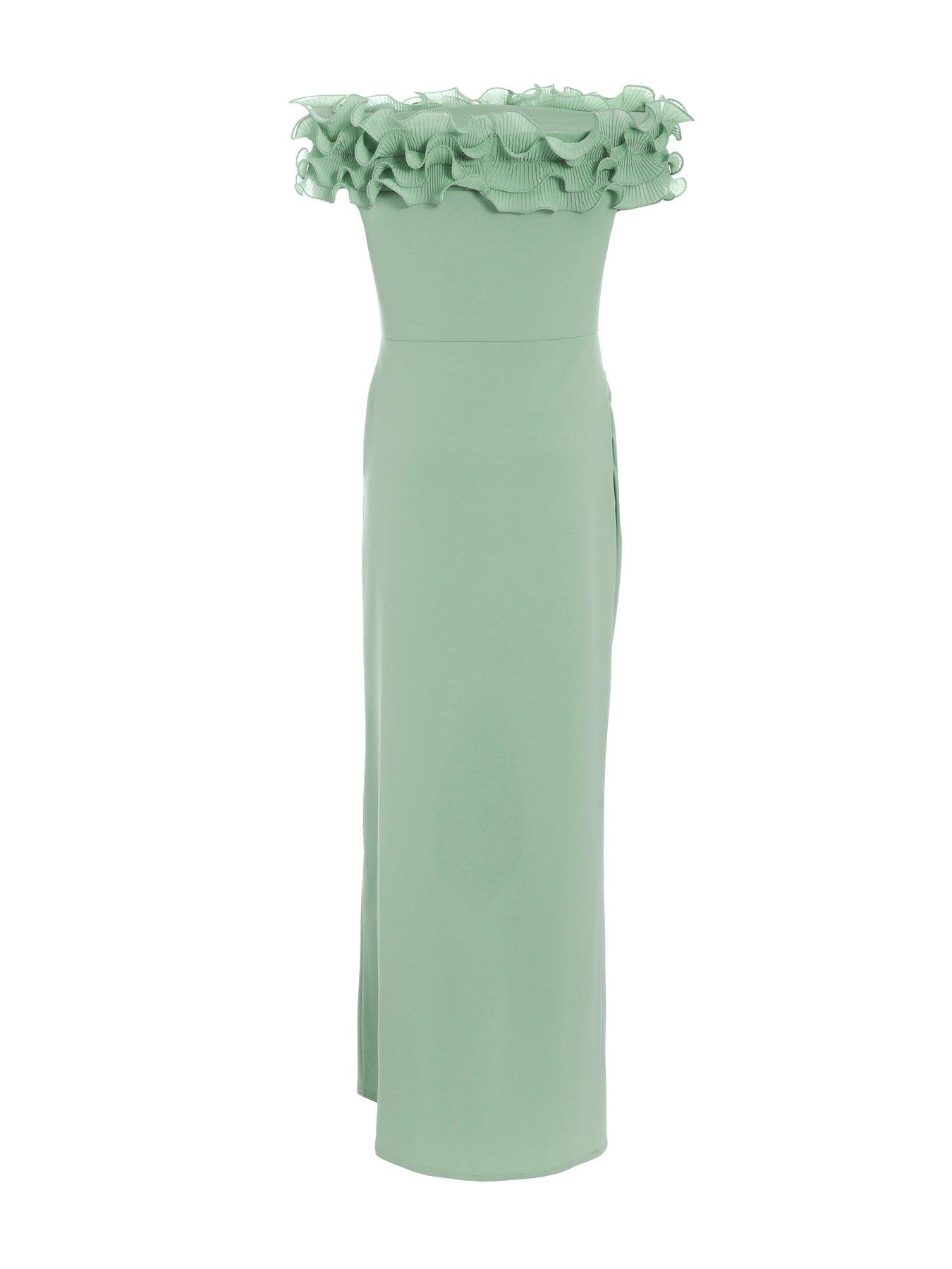 Quiz Sage Green Ruffle Bardot Maxi Dress | Very