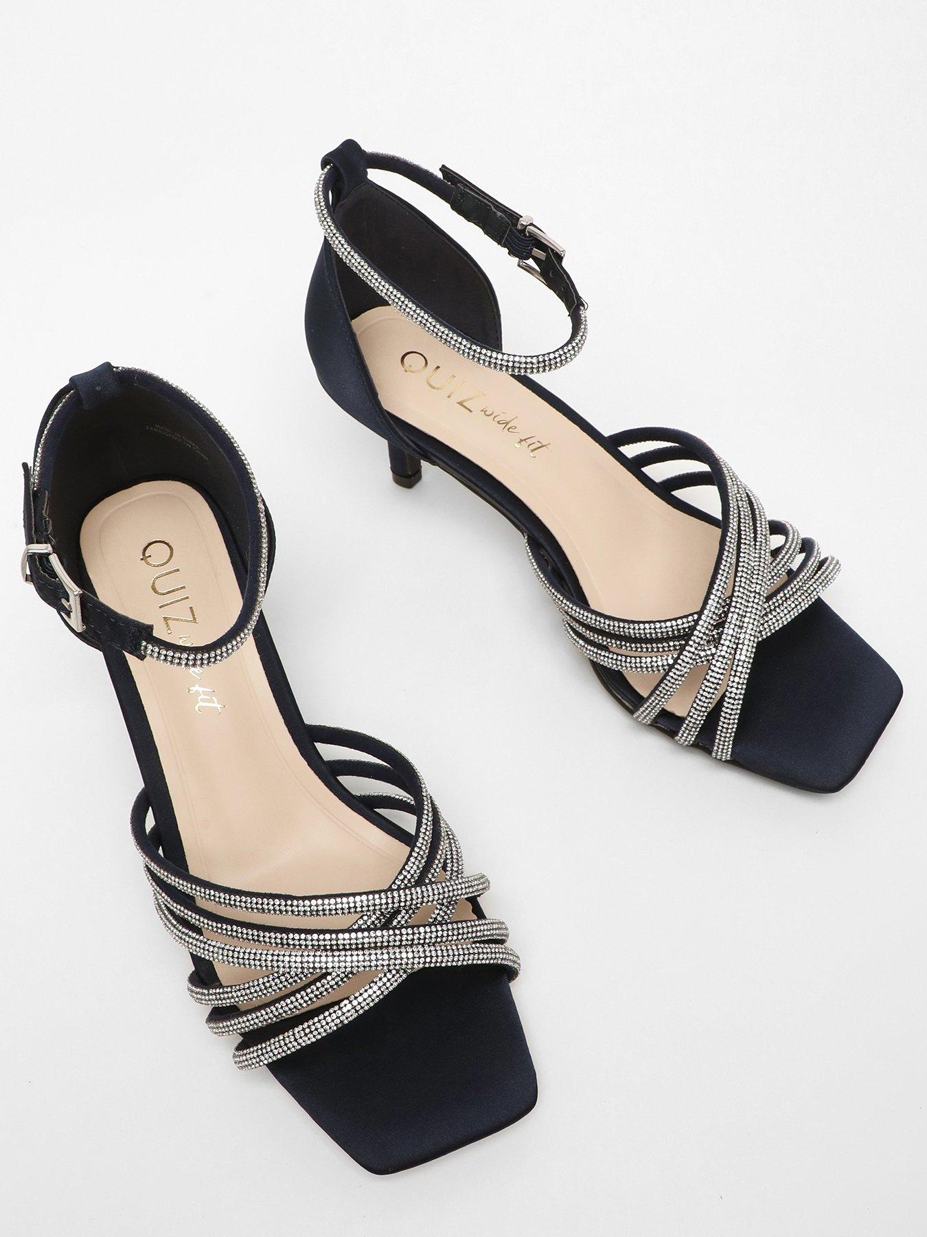 Quiz Wide Fit Navy Satin Diamante Cross Strap Low Heels