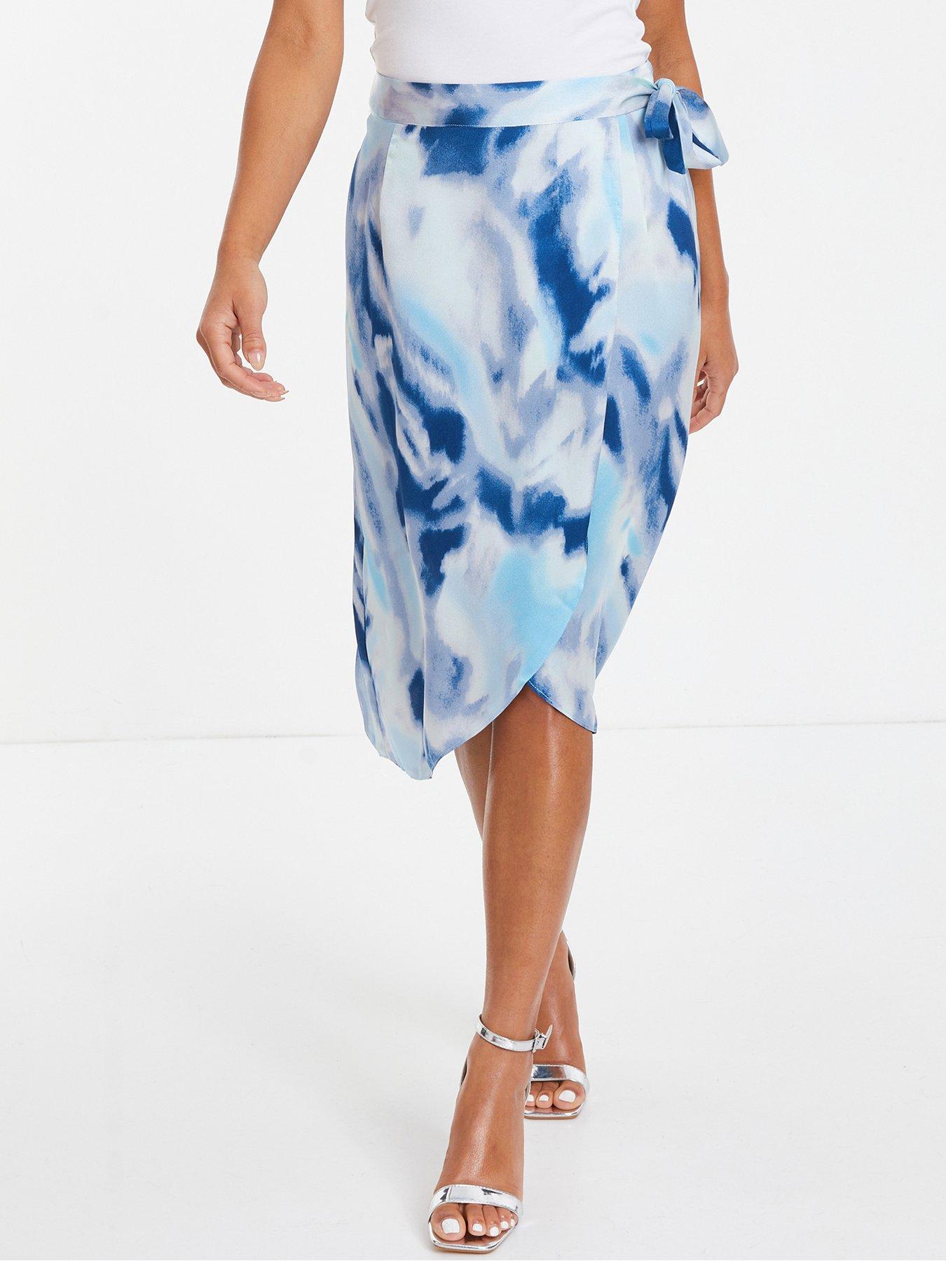 Petite Blue Satin Marble Print Wrap Midi Skirt