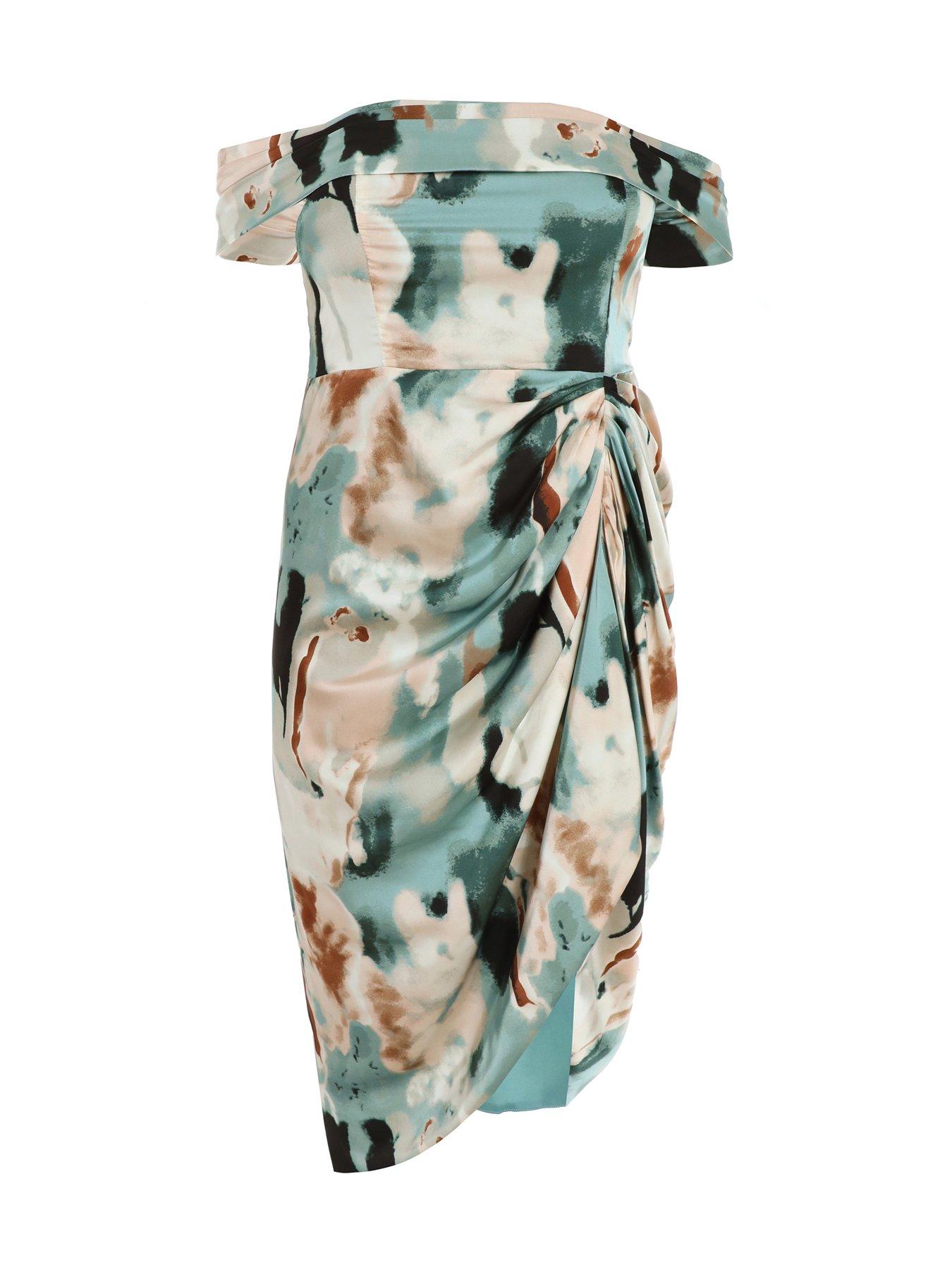 Quiz Curve Sage Marble Print Bardot Midi Dress