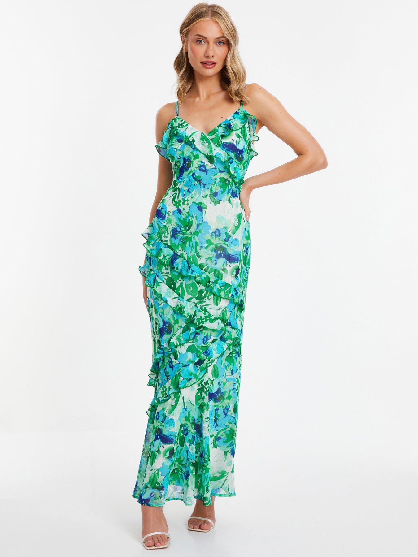 slim fit dress slacks Green Floral Print Waterfall Sleeve Maxi Dress – Pretty Kitty Fashion main image 1