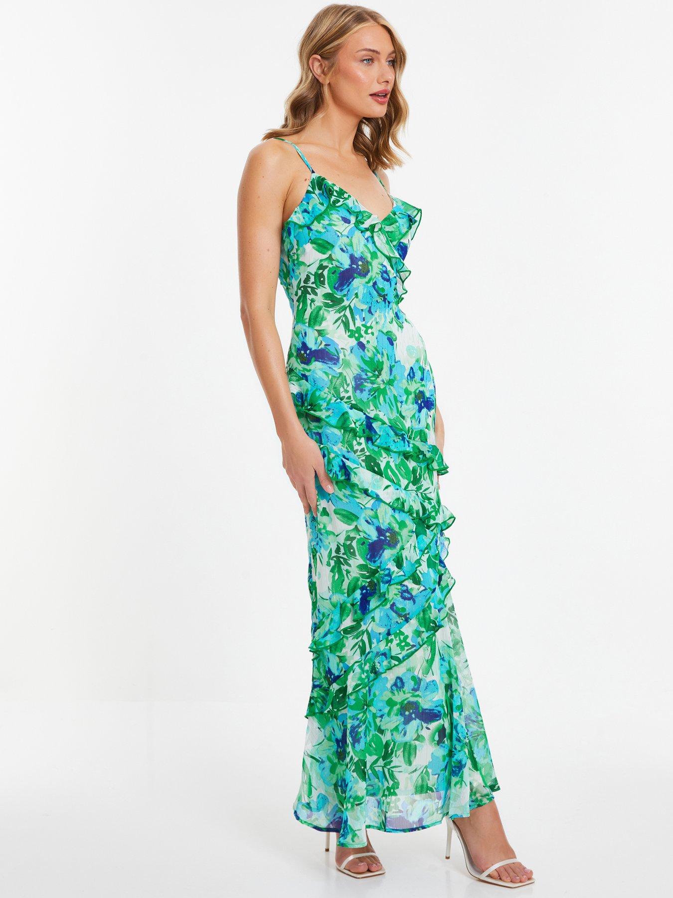 green floral maxi dress uk Kellis | Green Floral Print Asymmetric Maxi Dress With Balloon Sleeve   Club L London