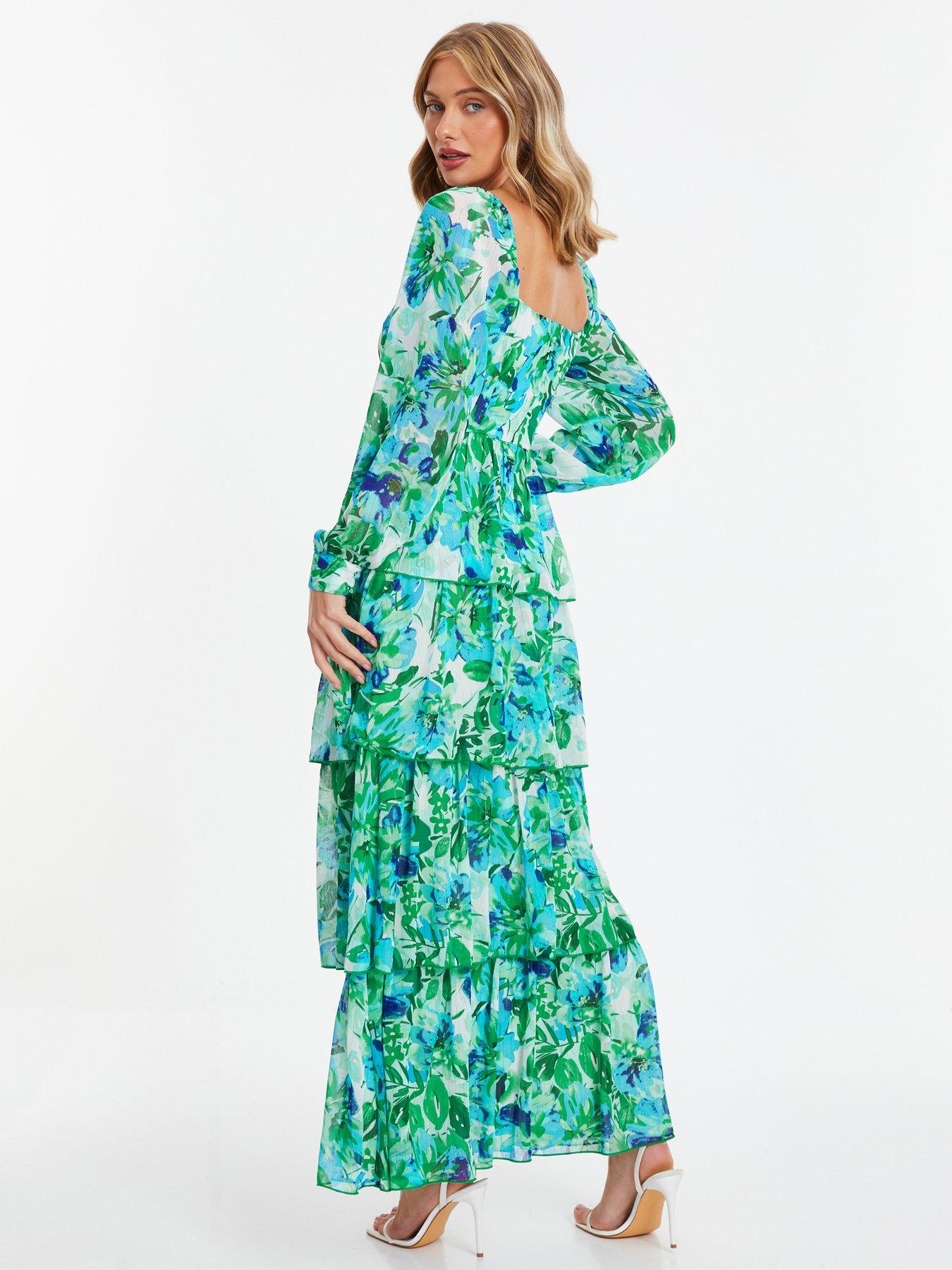 Quiz Green Floral Chiffon Tiered Maxi Dress Very