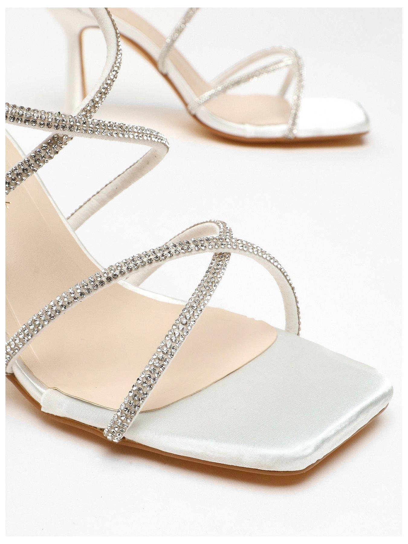 Quiz Bridal Satin Diamante Cross Strap Heeled Sandals - White | Very.co.uk