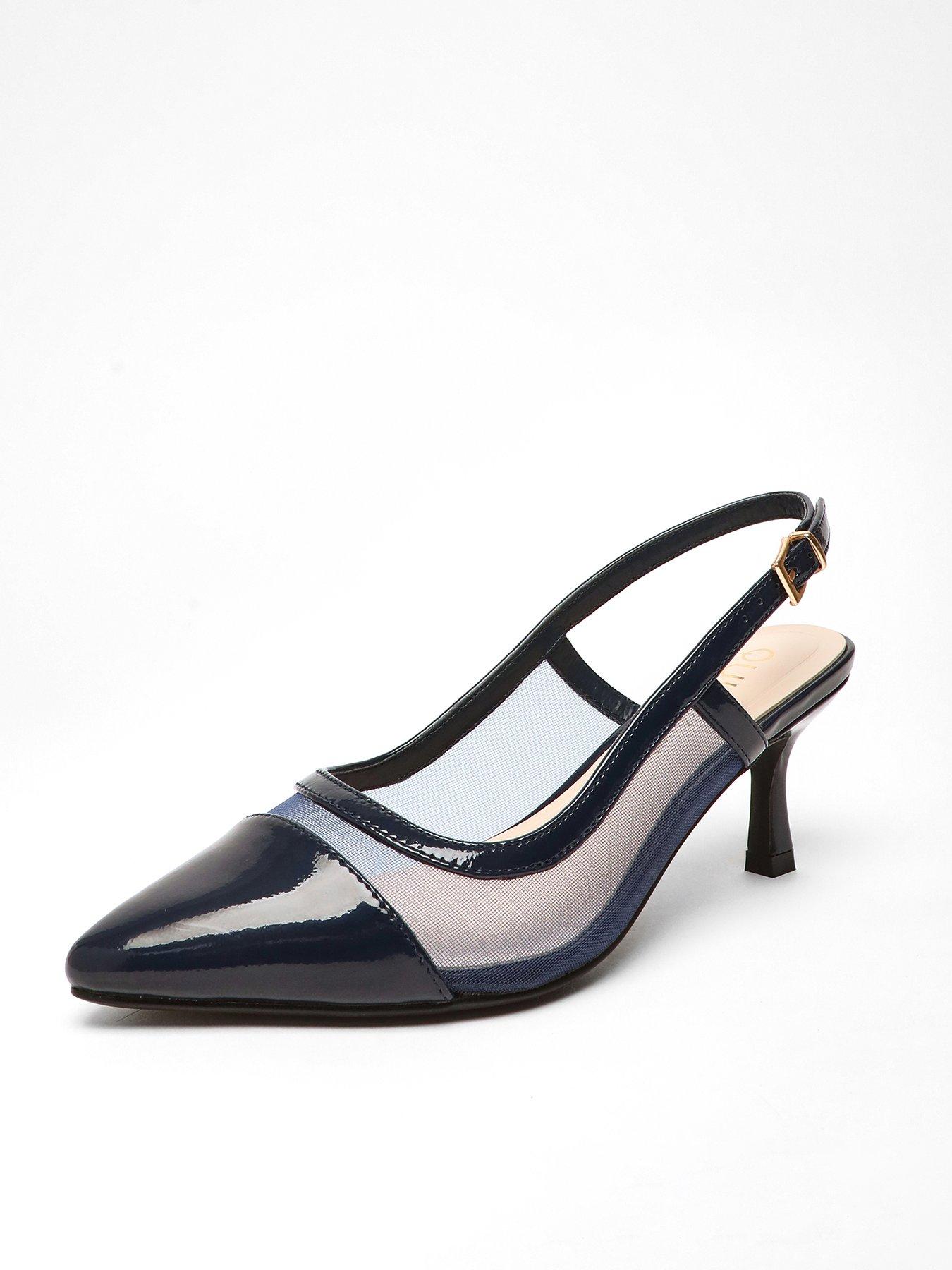 Quiz Wide Fit Navy Faux Leather Mesh Low Block Heel | Very.co.uk