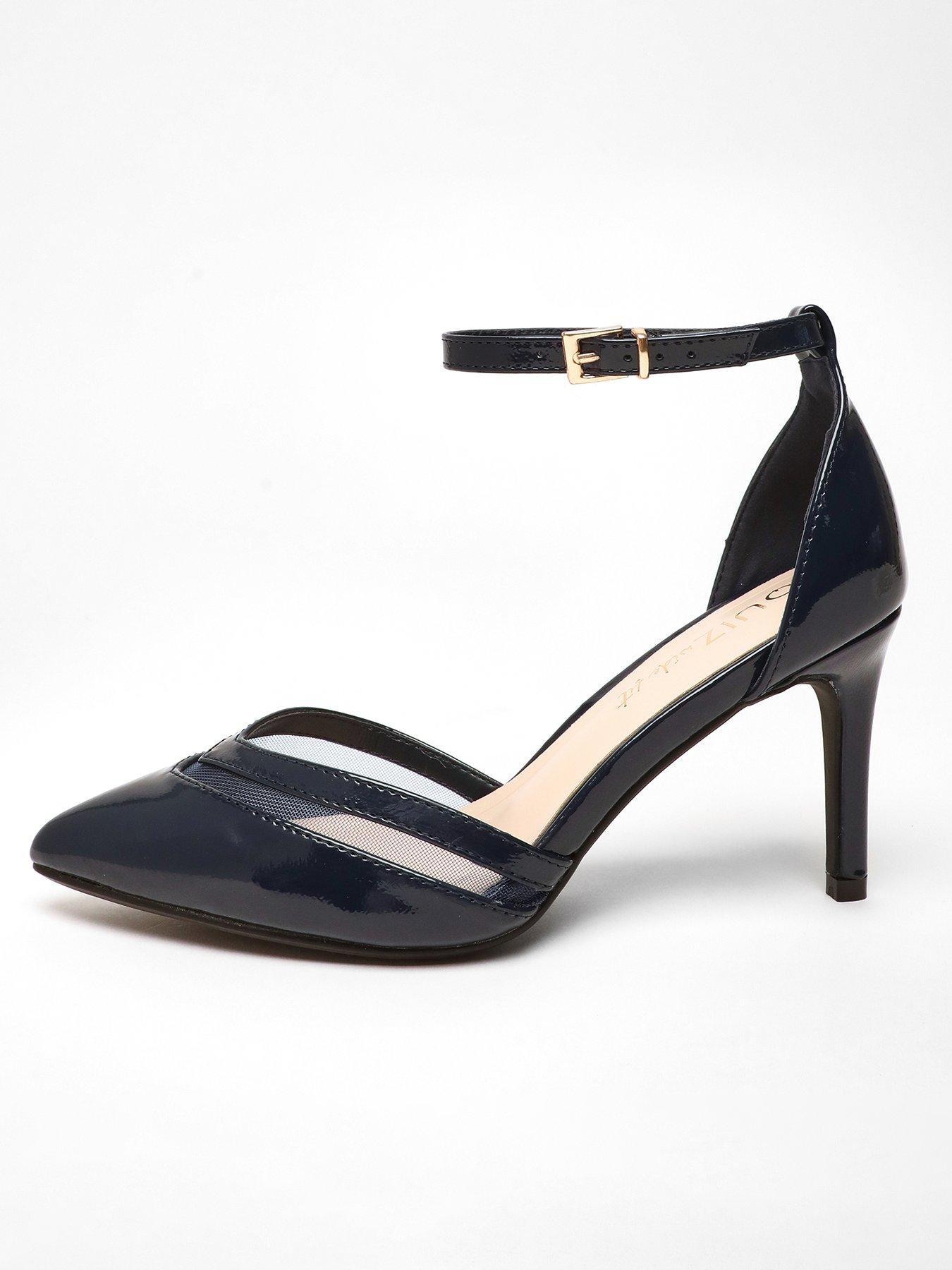 Quiz Wide Fit Navy Patent Faux Leather Mesh Court Heels | Very.co.uk