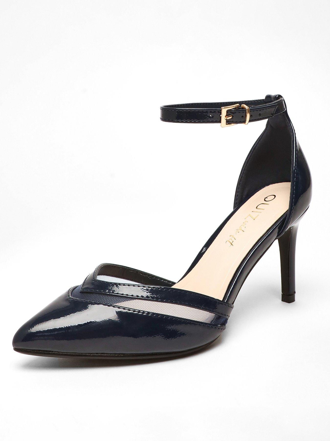 Quiz Wide Fit Navy Patent Faux Leather Mesh Court Heels | Very.co.uk