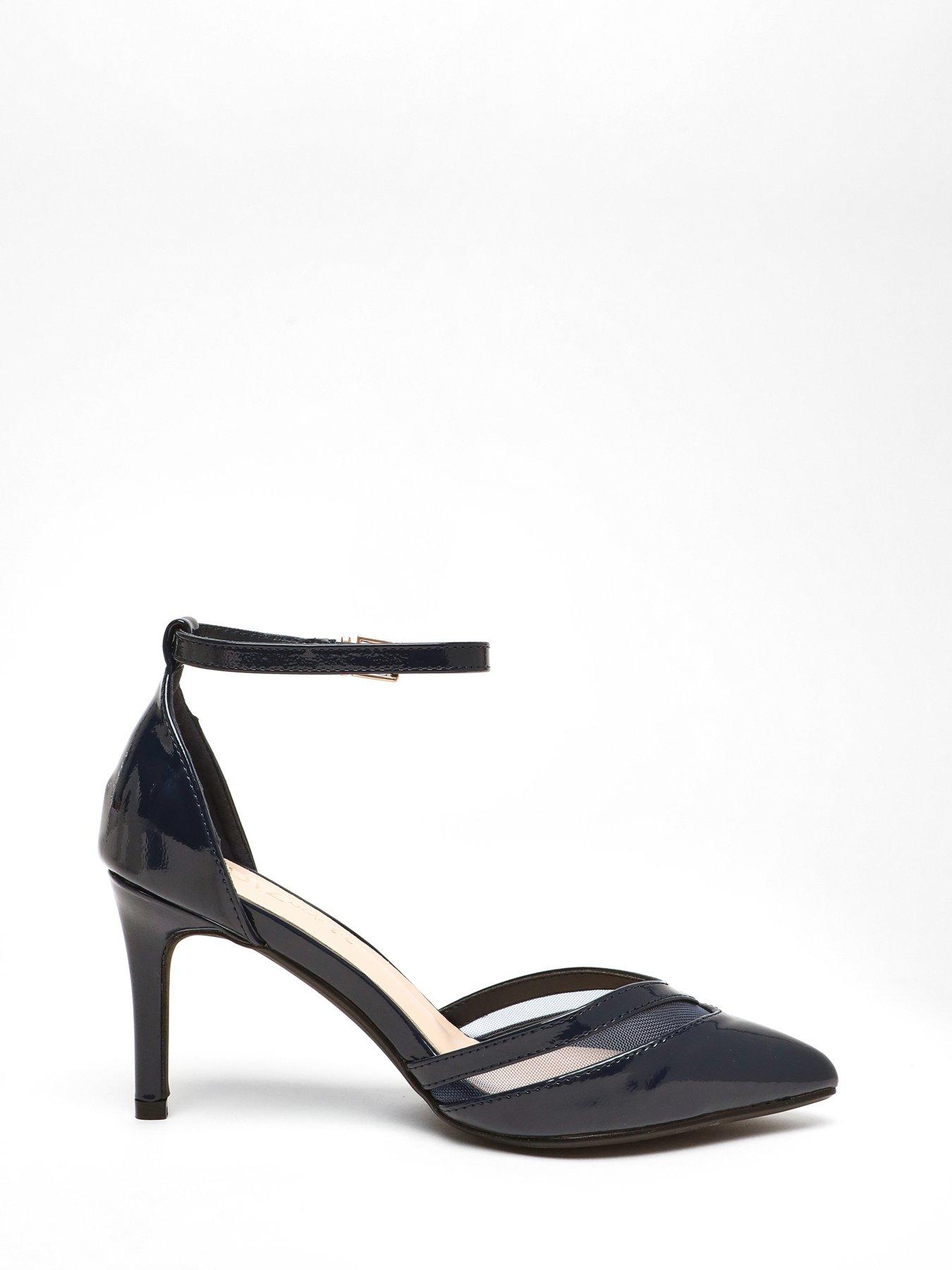 Quiz Wide Fit Navy Patent Faux Leather Mesh Court Heels | Very.co.uk