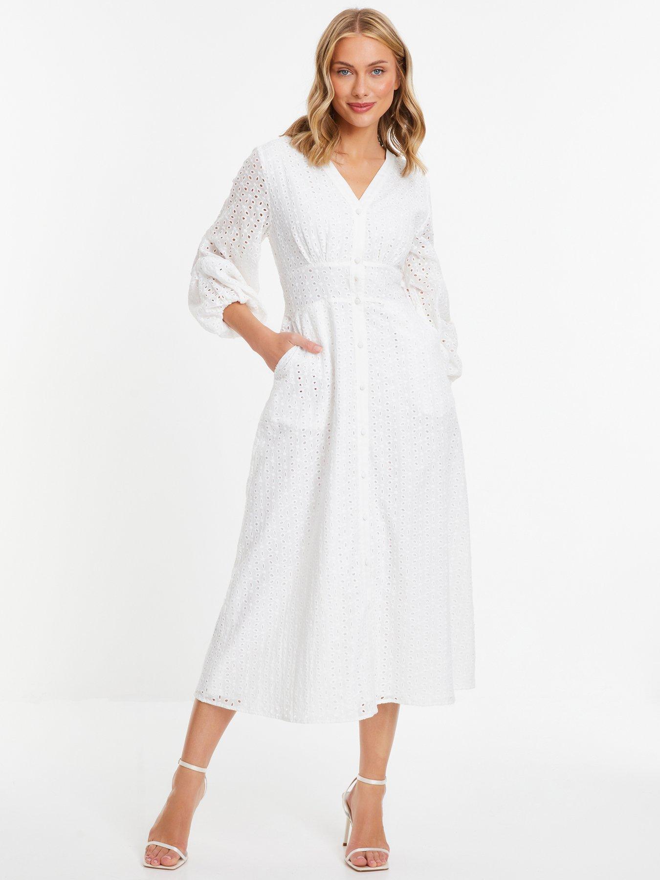Quiz White Broderie Button Midi Dress | Very