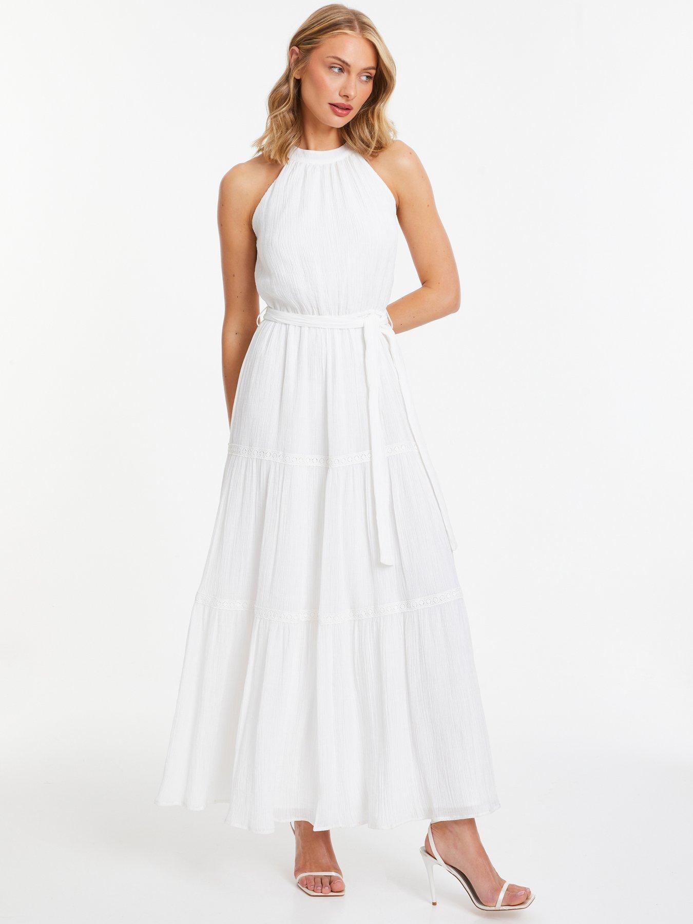 White Halter Neck Smocked Waist Maxi Dress