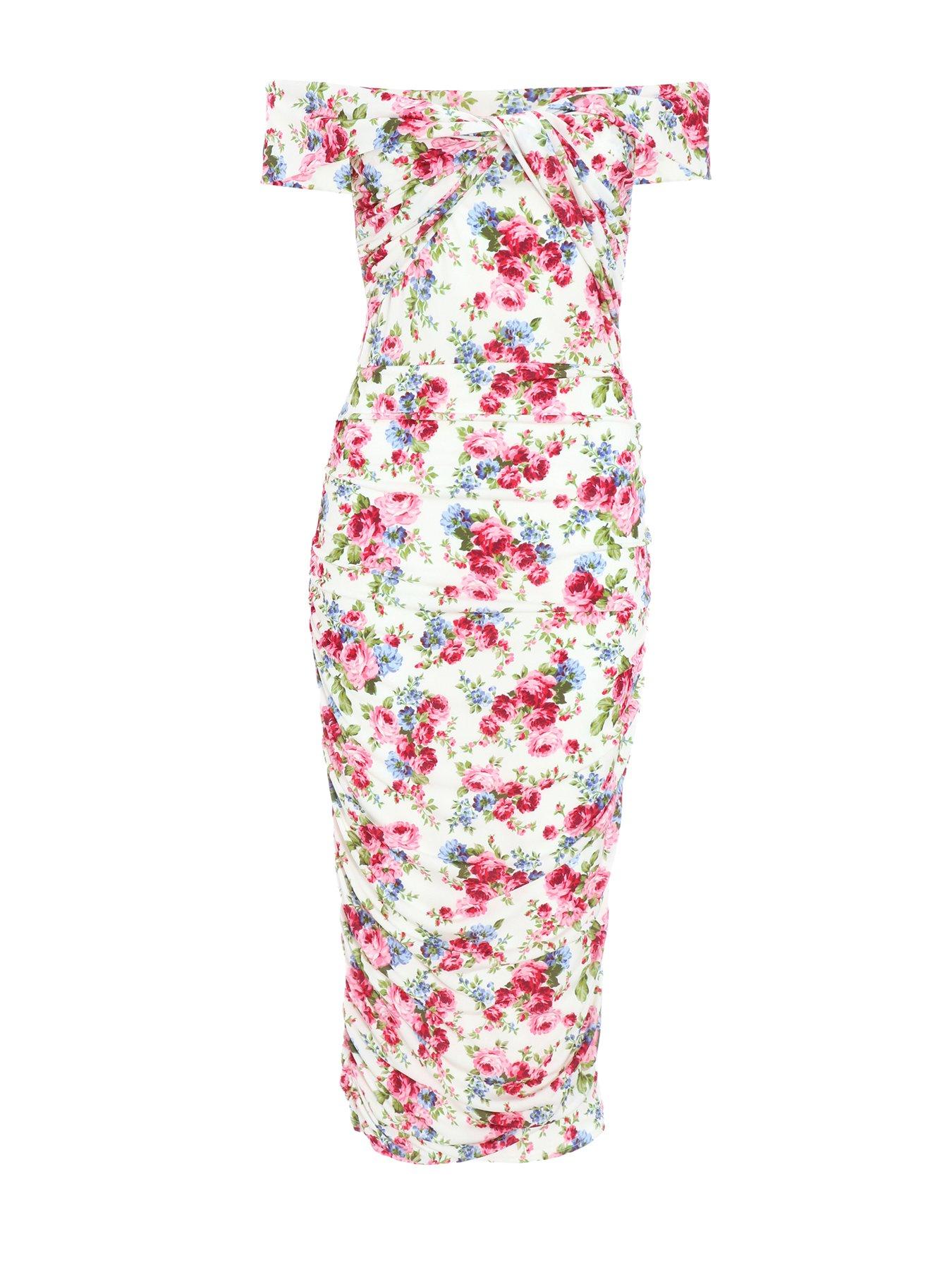 Quiz Cream Floral Bardot Midi Dress | Very.co.uk