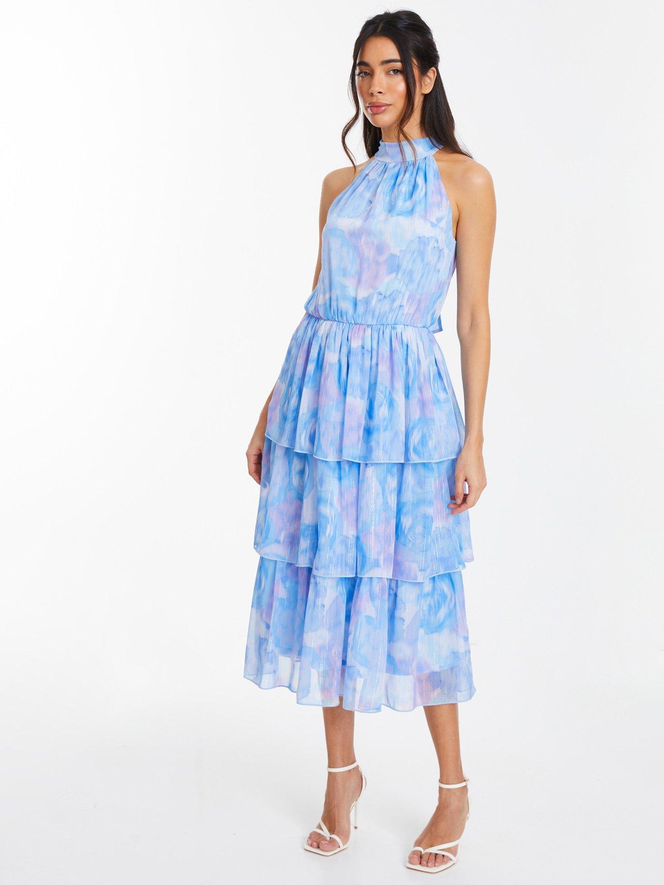 Quiz Light Blue Floral High Neck Tiered Midi Dress | Very