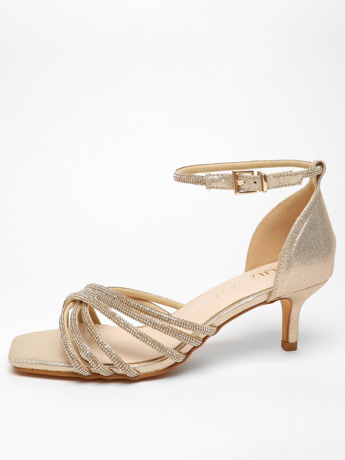 Quiz Wide Fit Gold Satin Diamante Cross Strap Low Heels Very