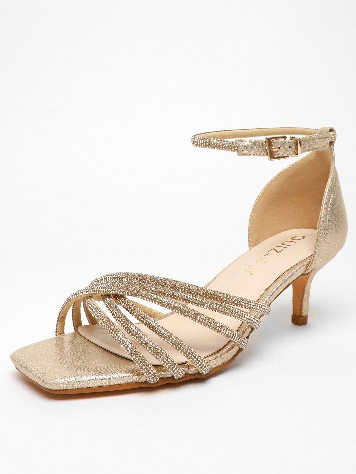 Quiz Wide Fit Gold Satin Diamante Cross Strap Low Heels Very
