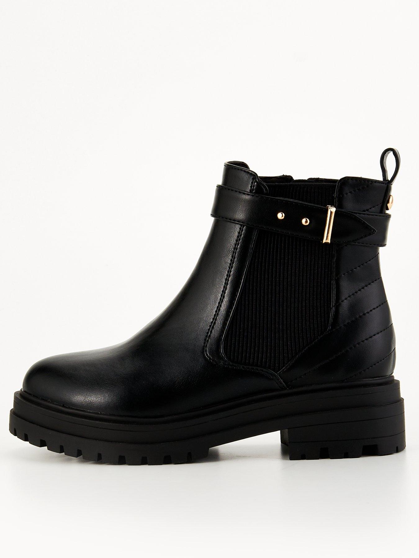 V by Very Buckle Strap Flat Ankle Boot Black Very