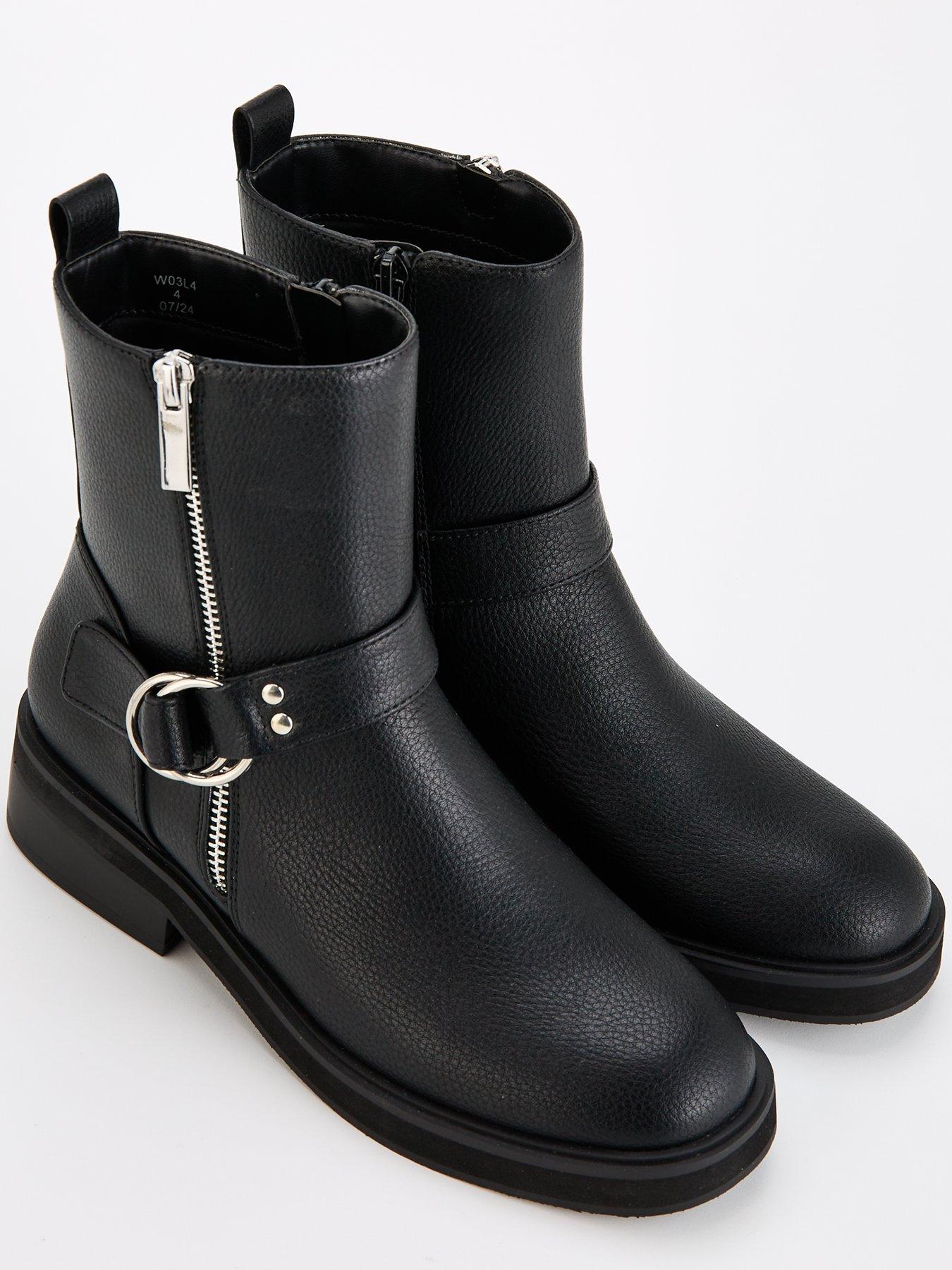 Image 4 of 7 of V by Very Wide Fit Flat Biker Boot With Zip Detail Ankle Boot - Black