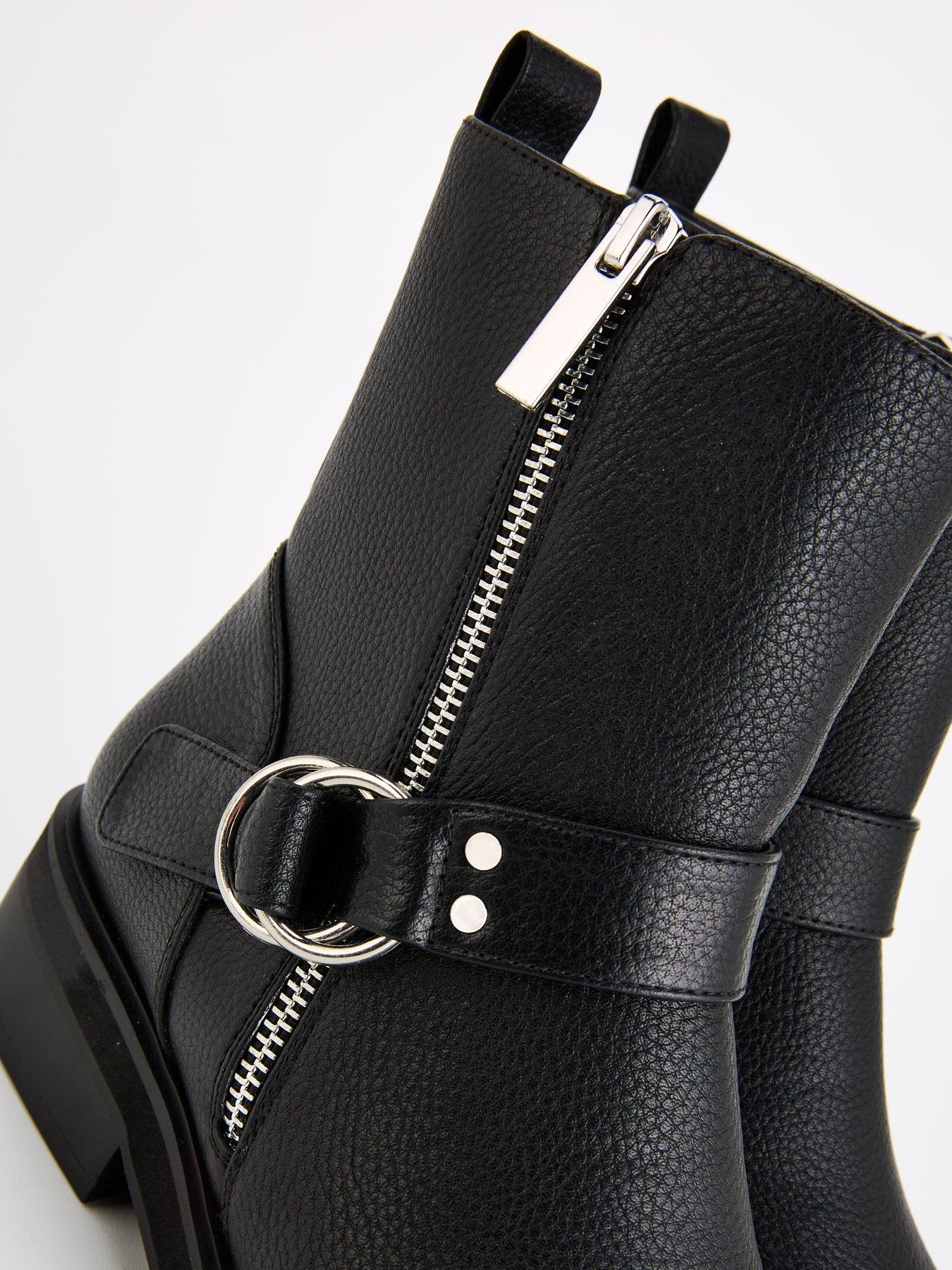 Image 7 of 7 of V by Very Wide Fit Flat Biker Boot With Zip Detail Ankle Boot - Black