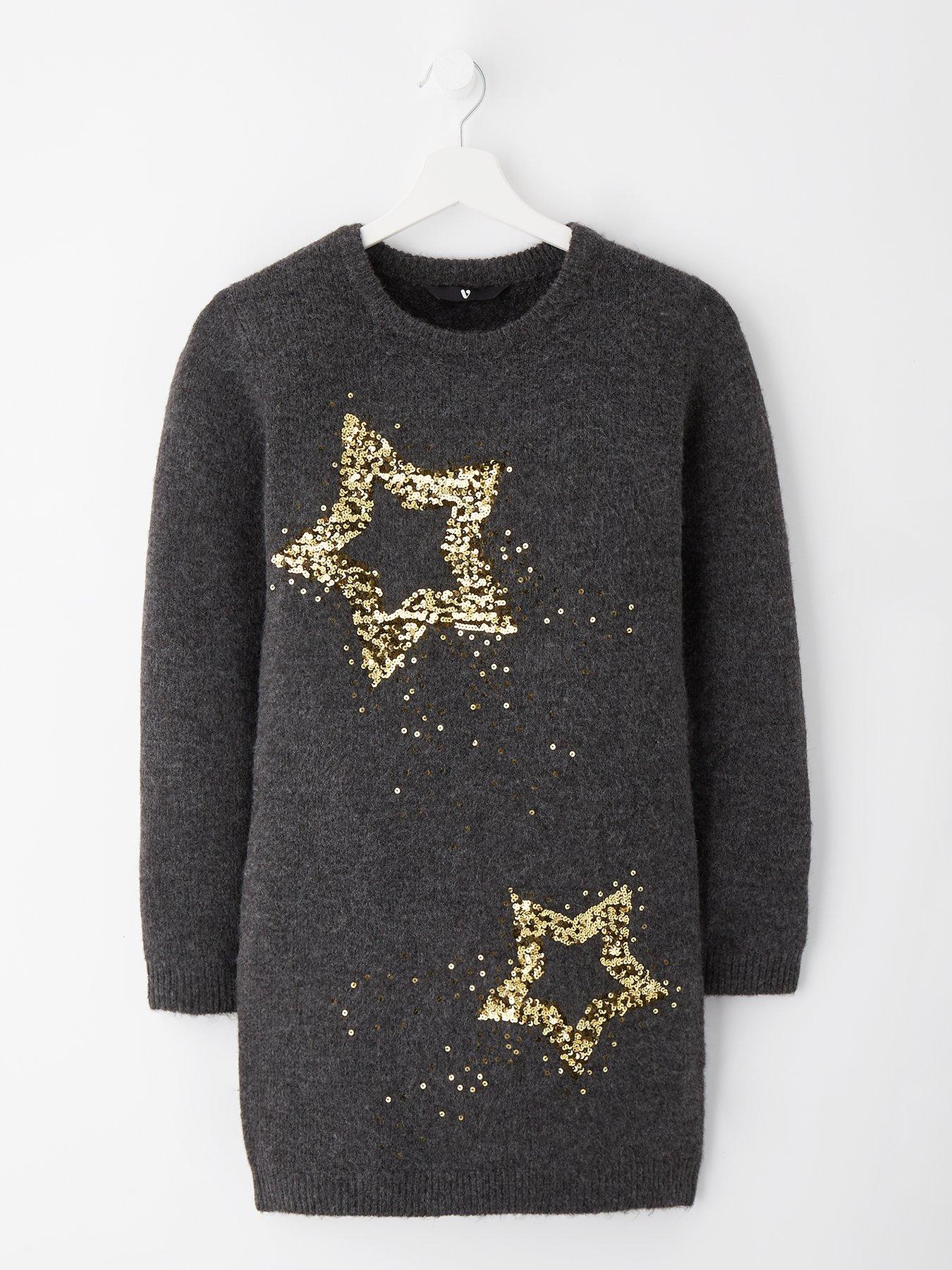 V by Very Girls Sequin Star Knitted Dress Grey Very