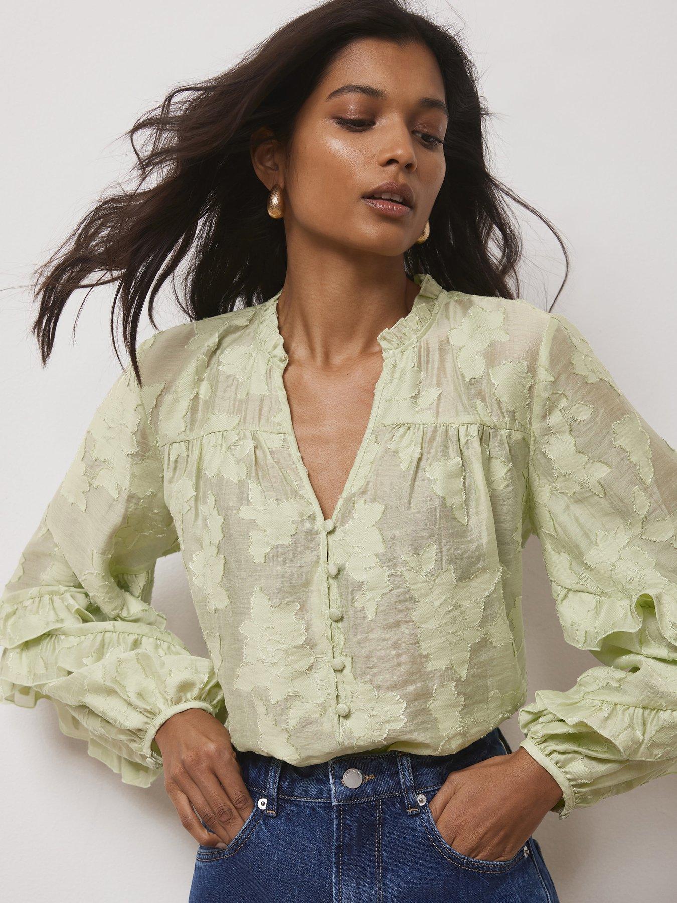 Green Jacquard Ruffle Blouse