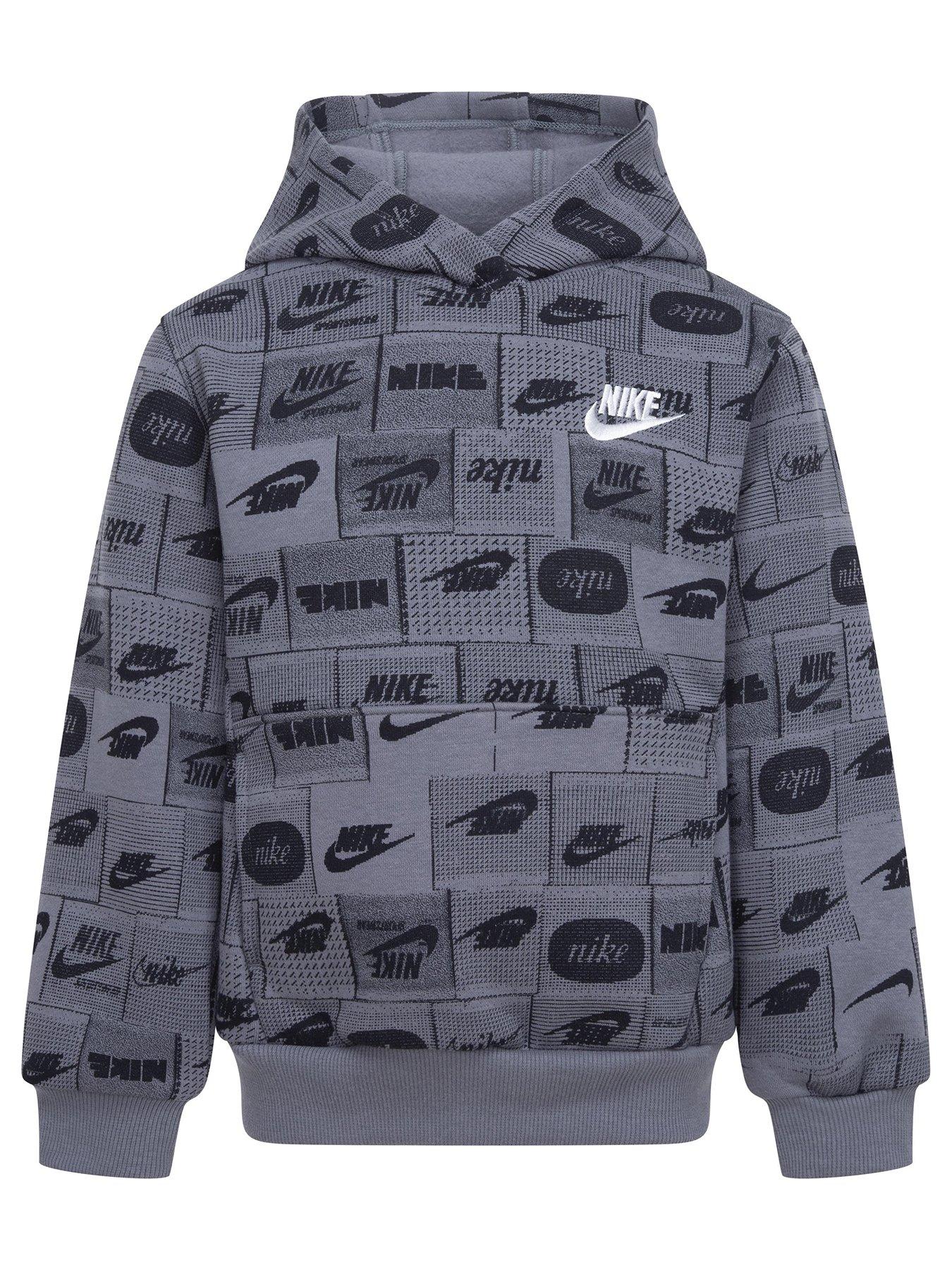 Nike Kids Boys Club All Over Print Overhead Hoodie Grey Very