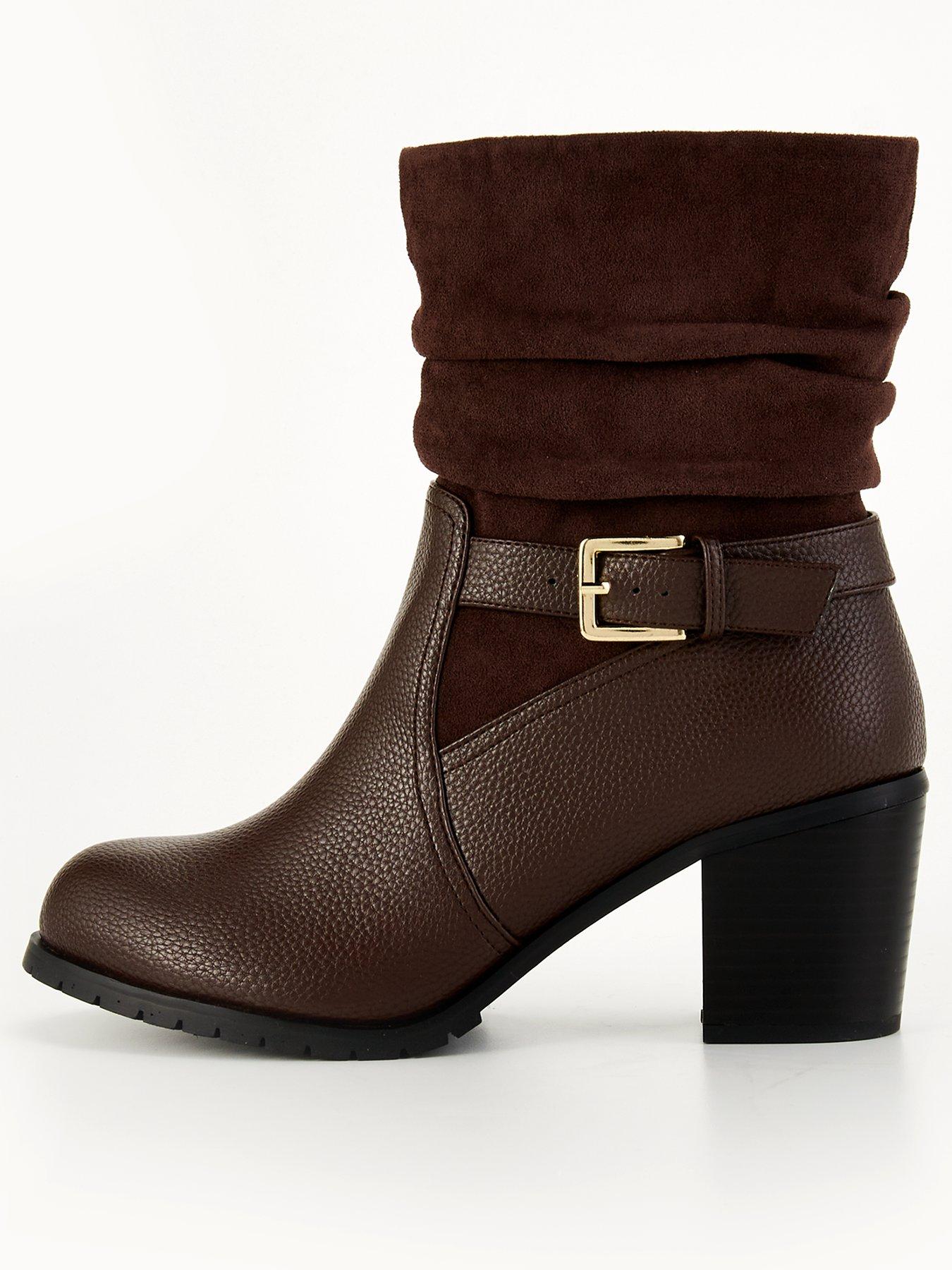 undefined Wide Fit Slouch Buckle Block Heel Calf Boot - Brown