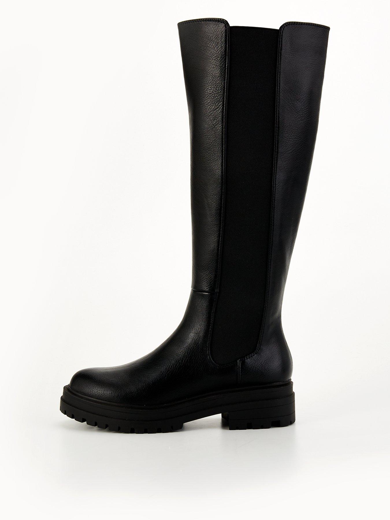 V by Very Wide Fit Flat Chunky Knee Boot With Gusset Black Very