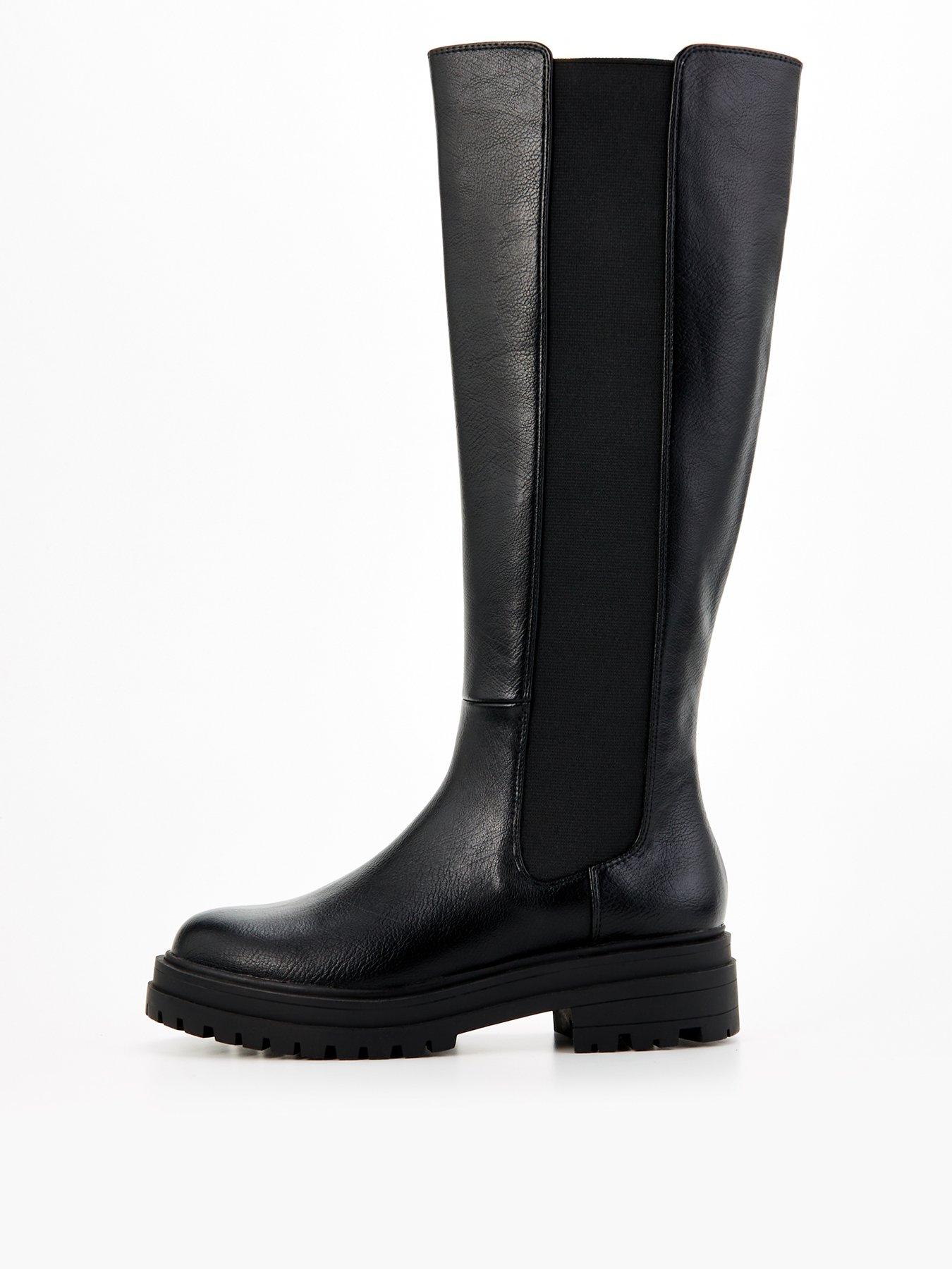 V by Very Flat Chunky Knee Boot with Gusset Black Very