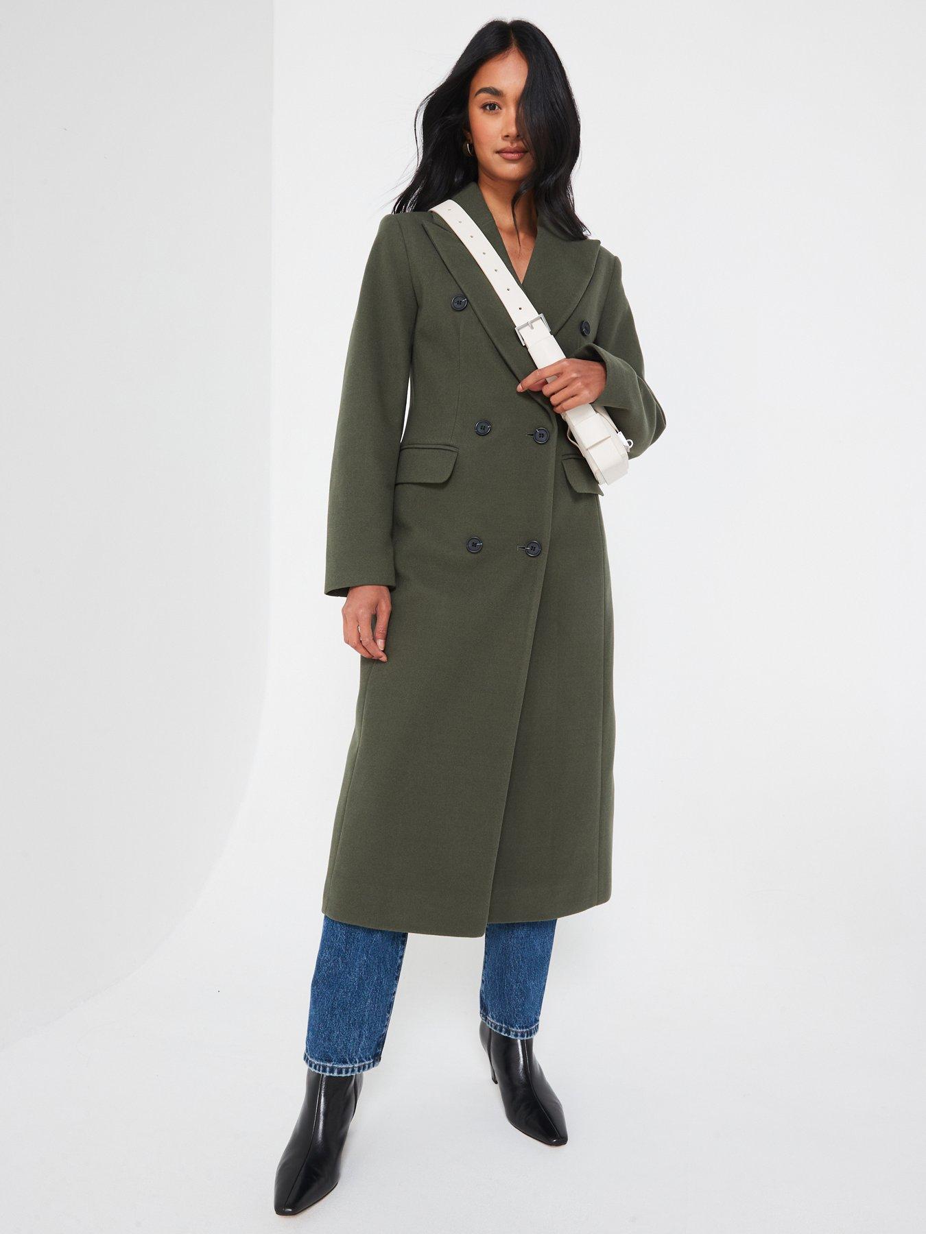 undefined Longline Double Breasted Coat - Olive - Dark Green