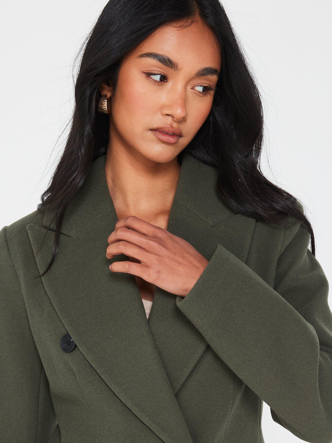 V by Very Longline Double Breasted Coat Olive Dark Green