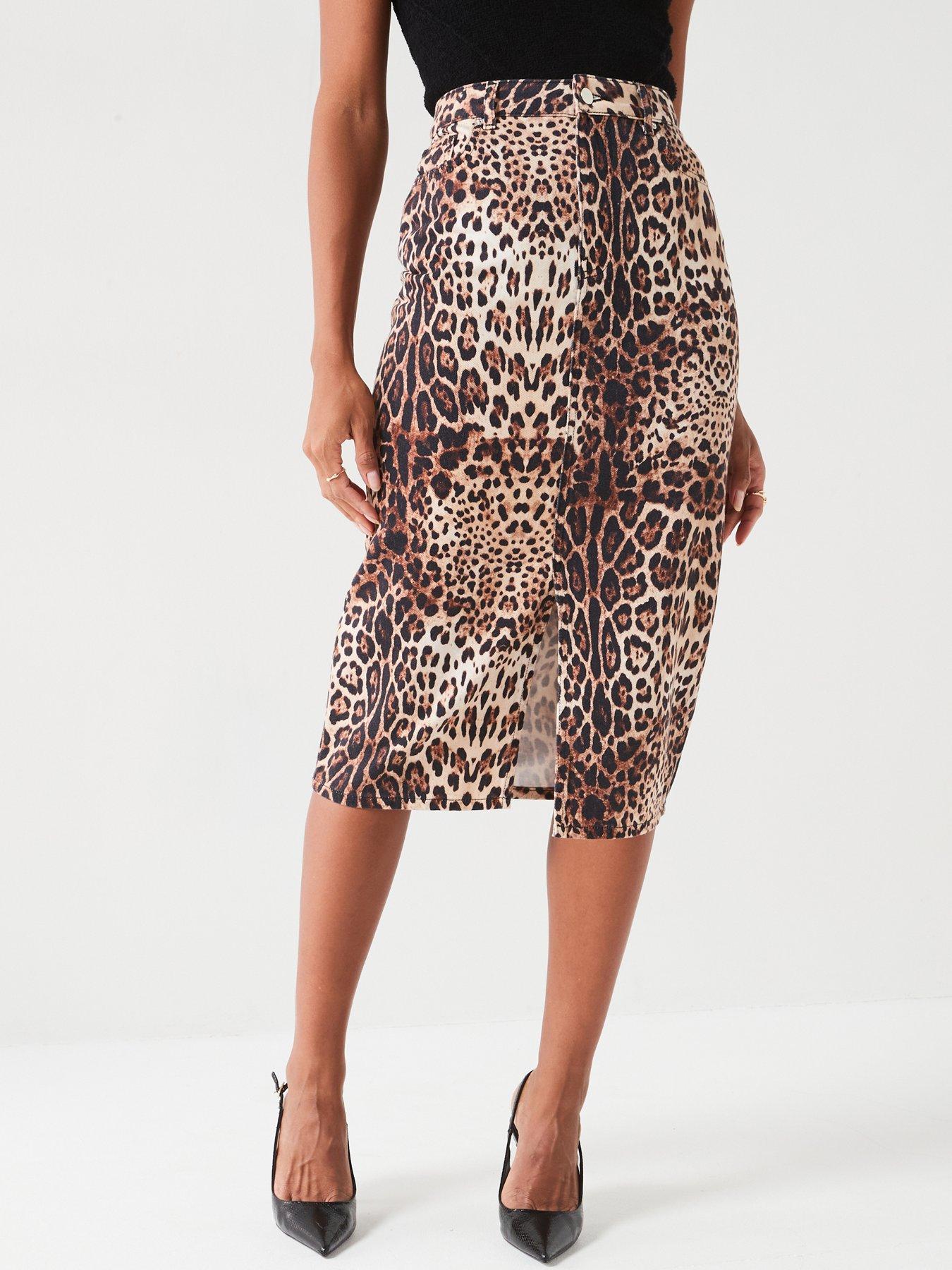 V by Very Leopard Print Denim Midi Skirt Animal Print Very